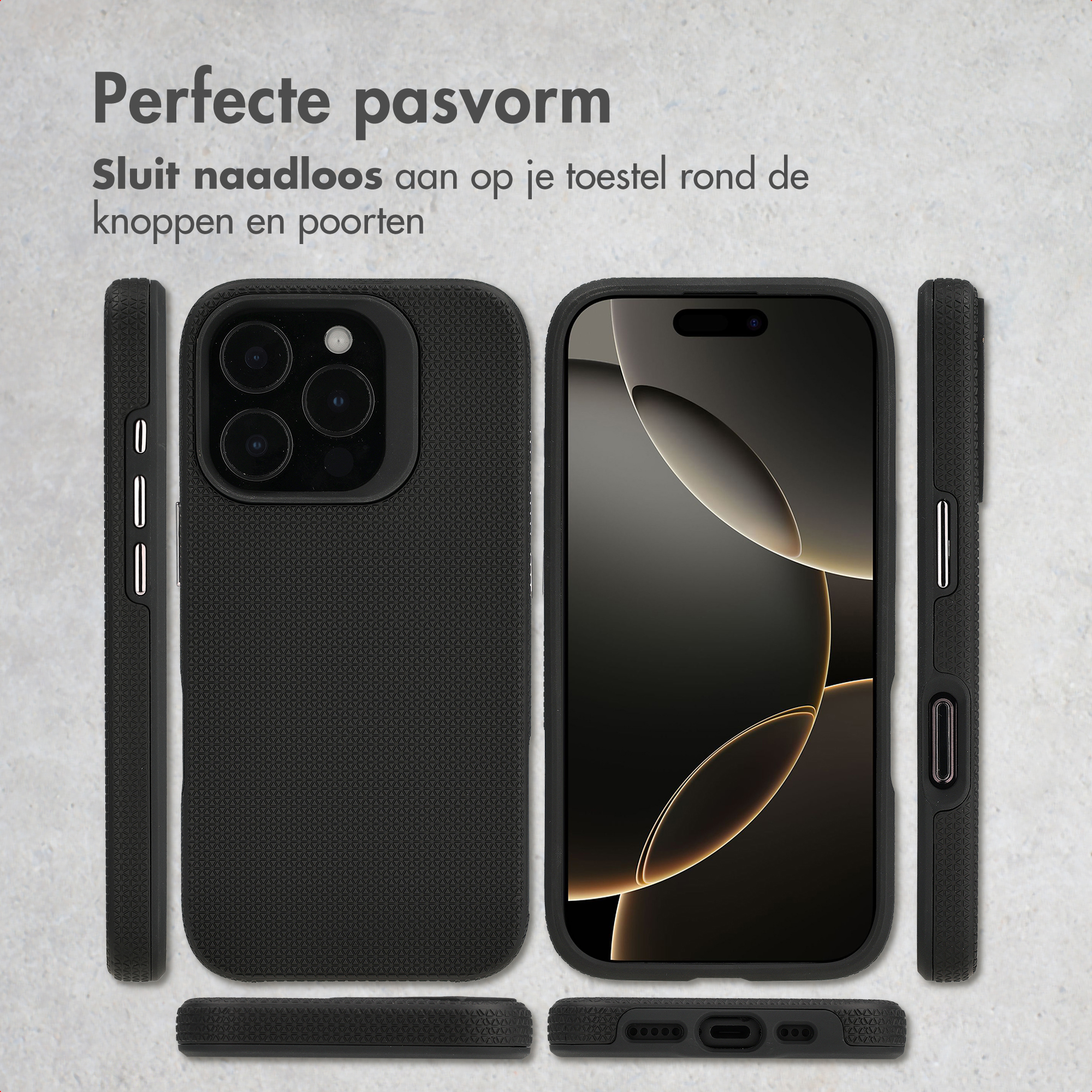 Un téléphone noir dans sa coque est montré sous tous les angles. L'ajustement est parfait.