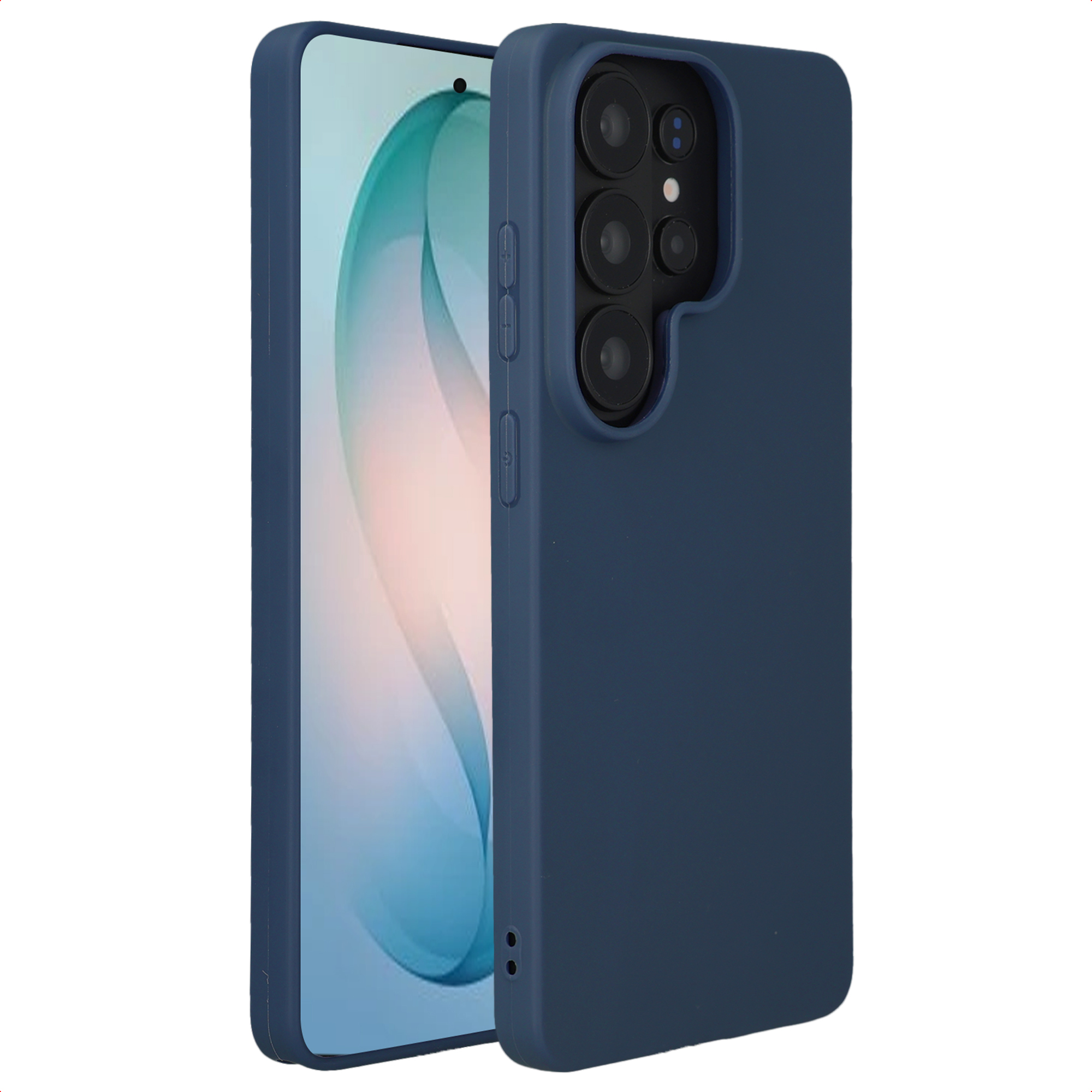 Donkerblauw toestel met vier camera's en matte achterkant.