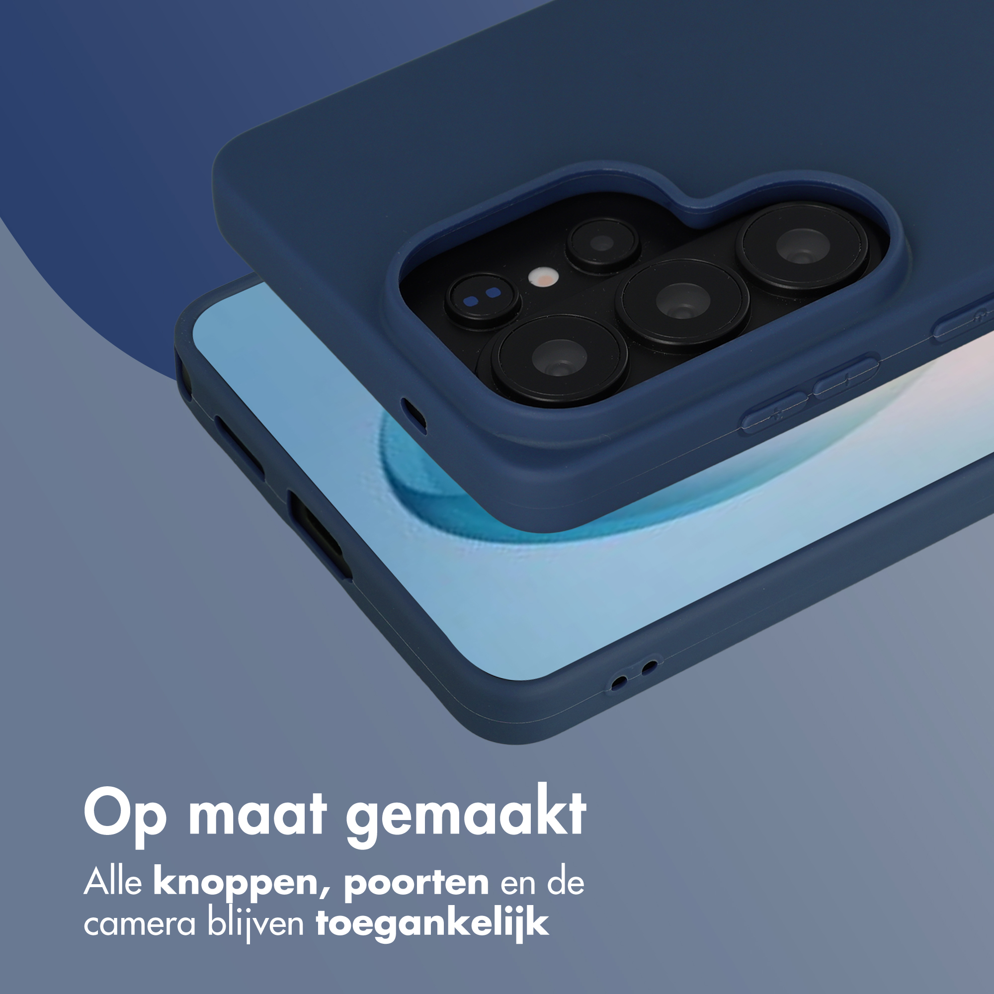 Donkerblauwe telefoon met hoesje. Close-up van de camera.