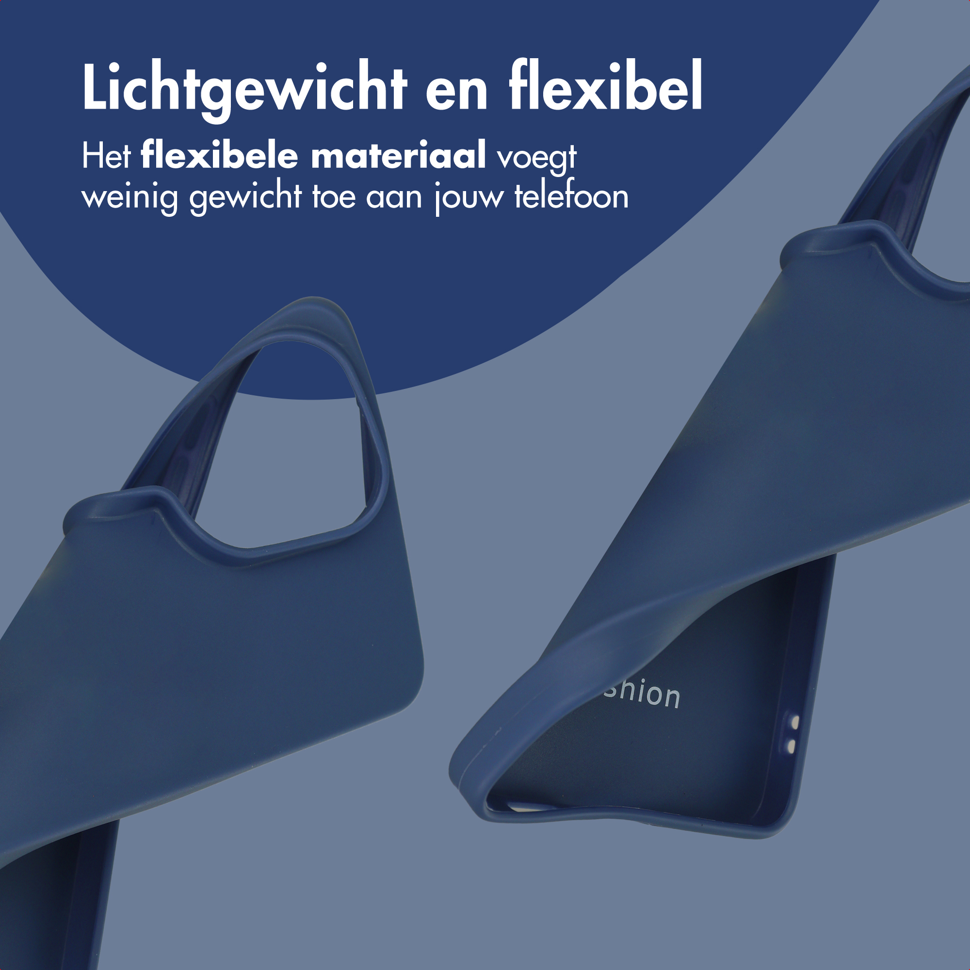 Donkerblauwe telefoonhoes, licht en flexibel, met tekst.