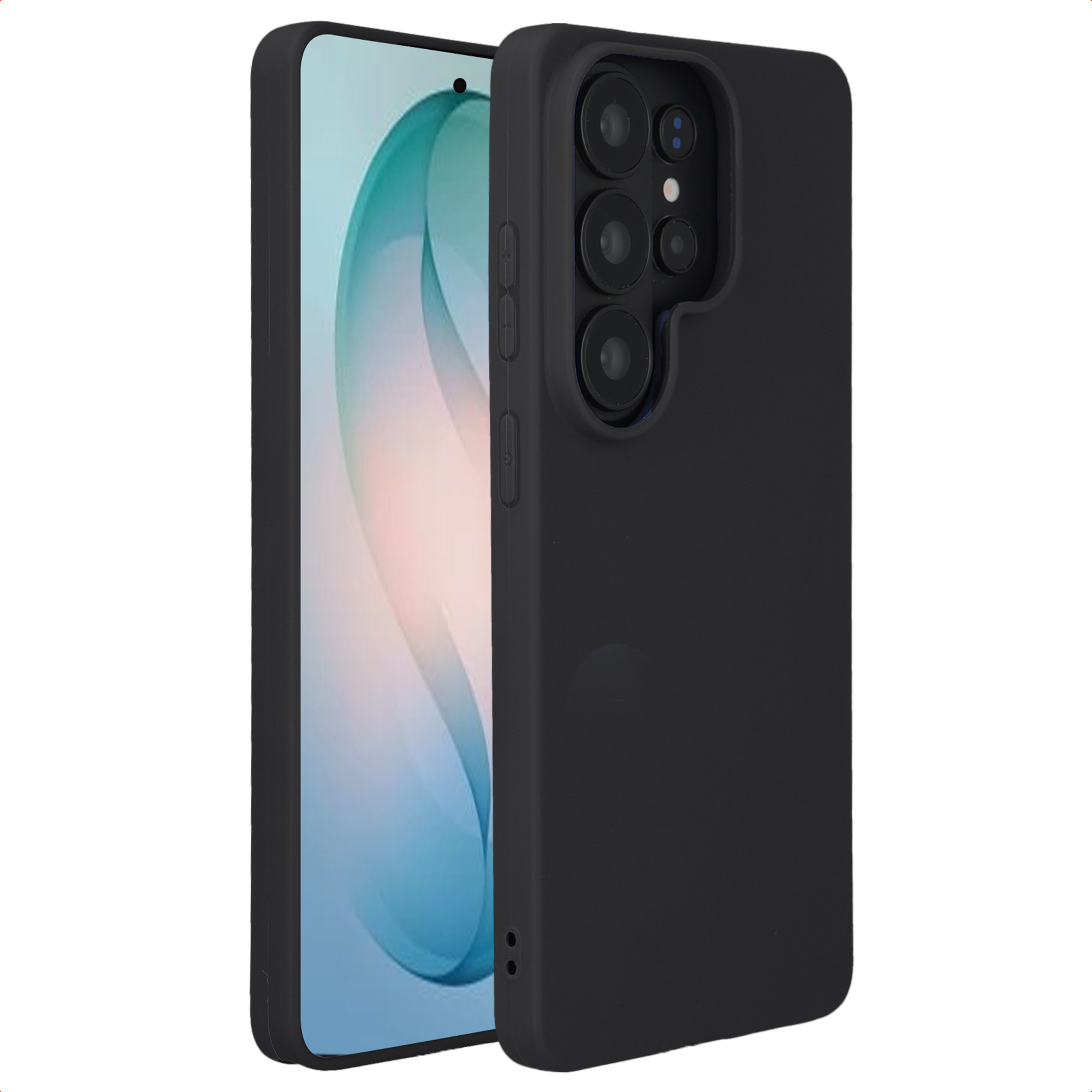 Zwarte telefoonhoes met meerdere cameralenzen en een deel van het scherm.