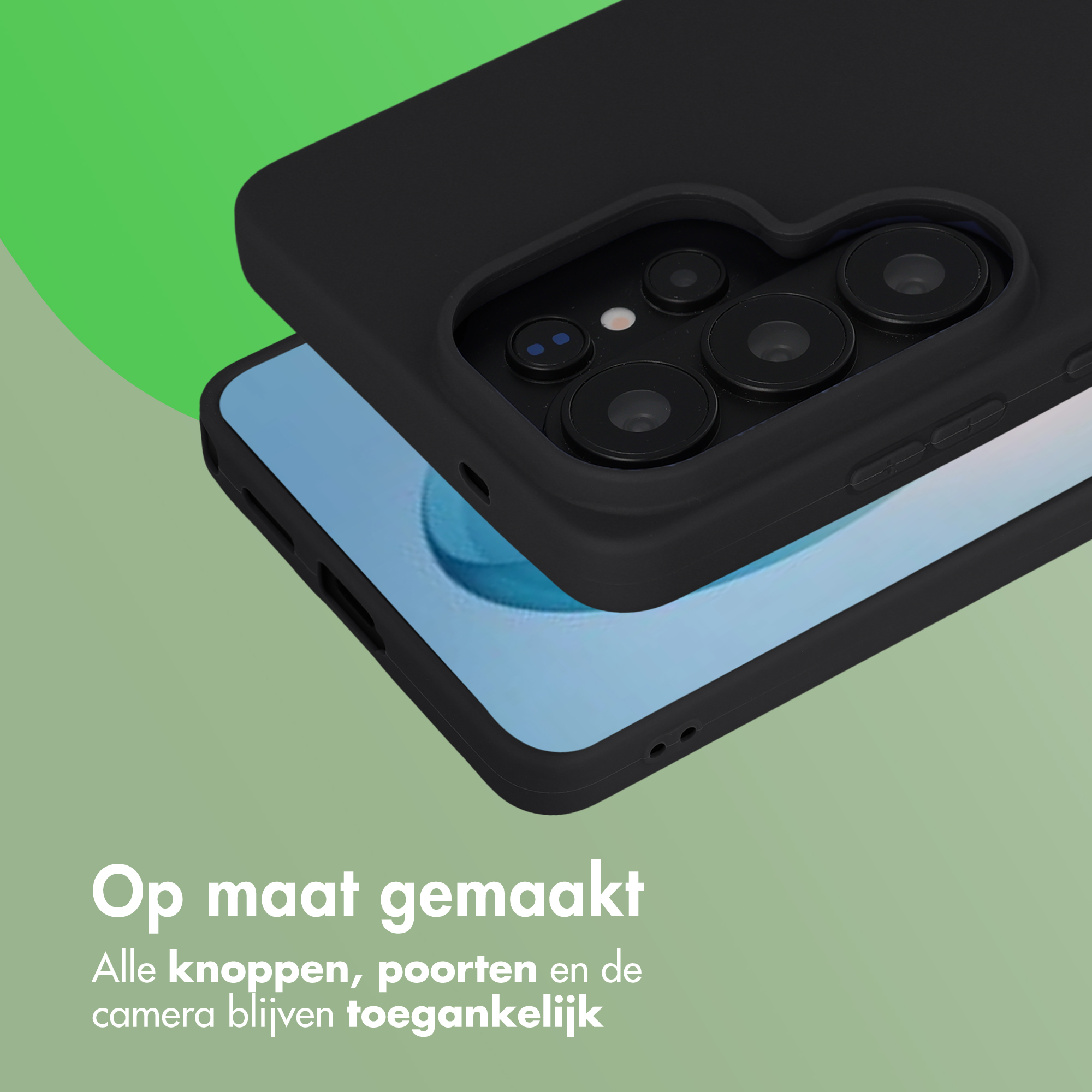 Zwarte telefoonhoes over smartphone met camera-array. Groene en grijze achtergronden.