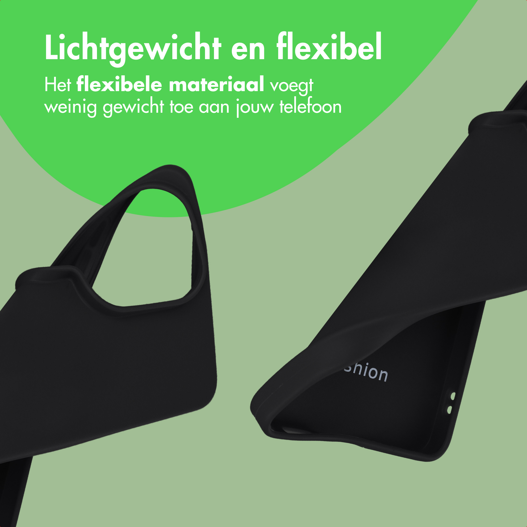 Zwarte telefoonhoes, lichtgewicht en flexibel, met 'Shion' opdruk.