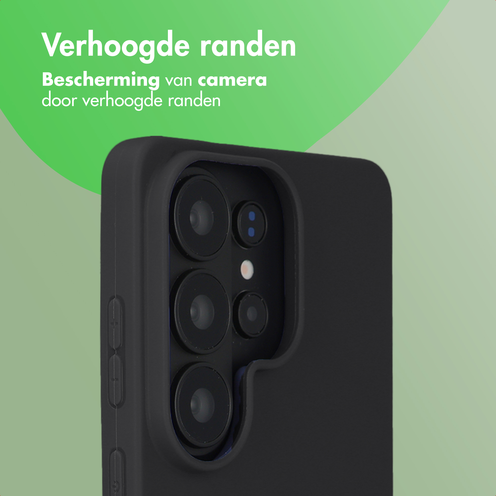 Zwarte telefoonhoes met verhoogde randen ter bescherming van de camera.