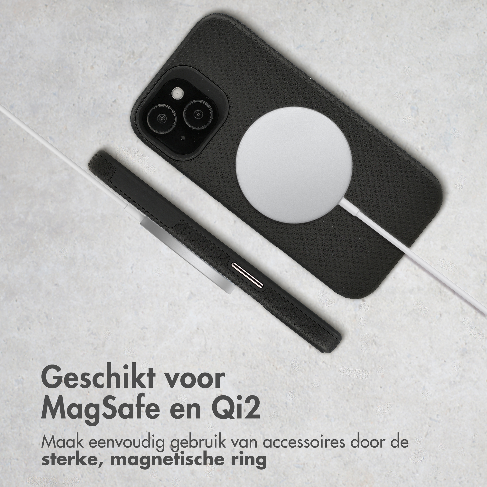 Black phone case with MagSafe charger and cable on a light surface.