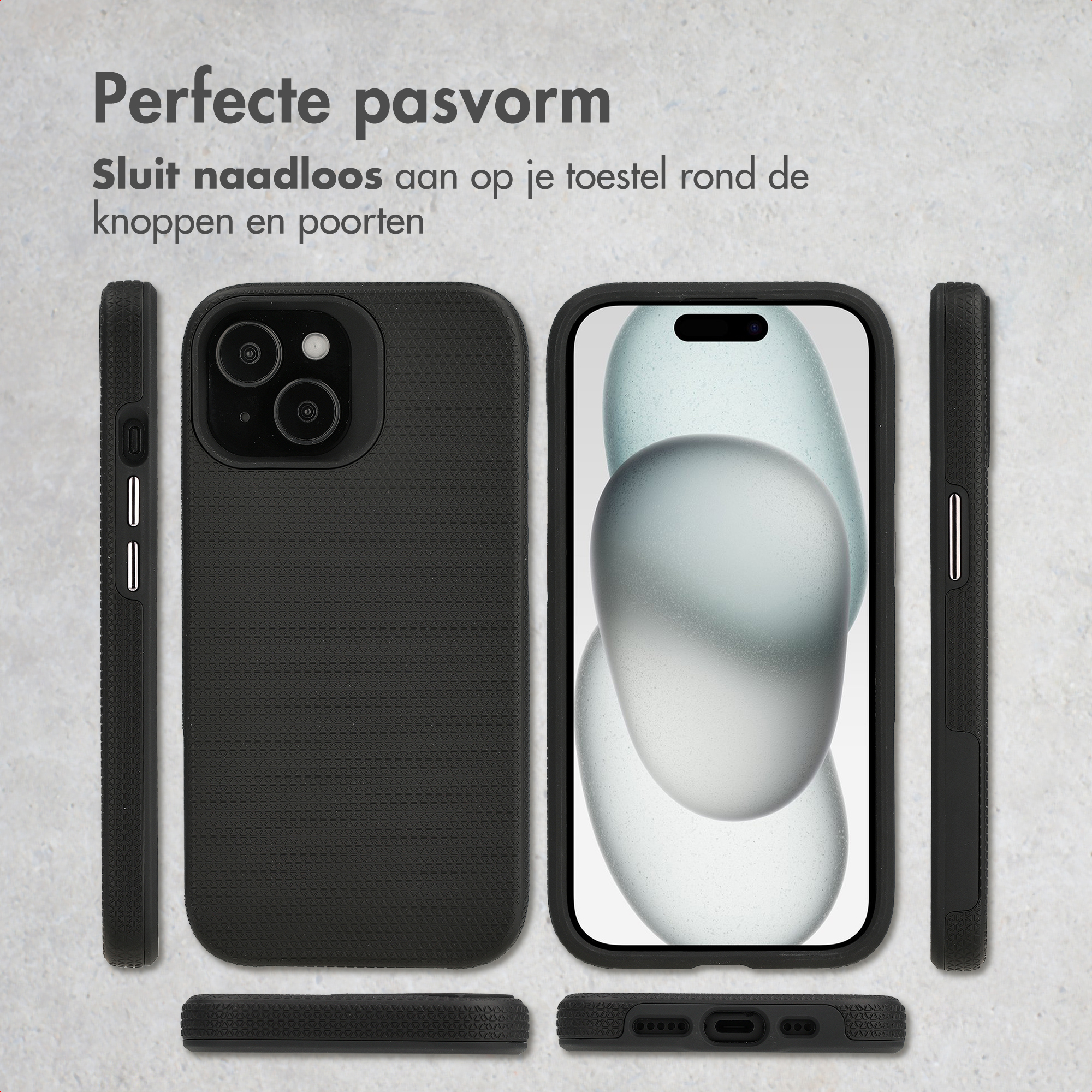 Black textured phone case shown from front, back, sides, and bottom.