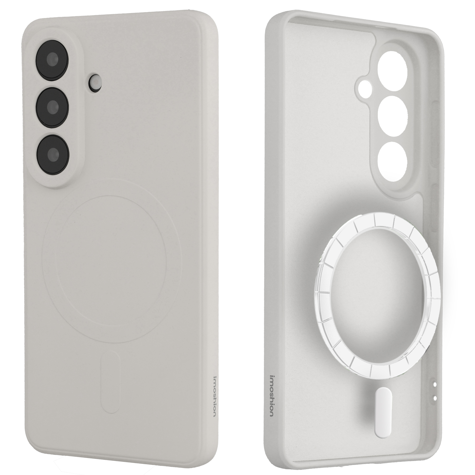 Coque de téléphone grise avec trois objectifs et un anneau magnétique.