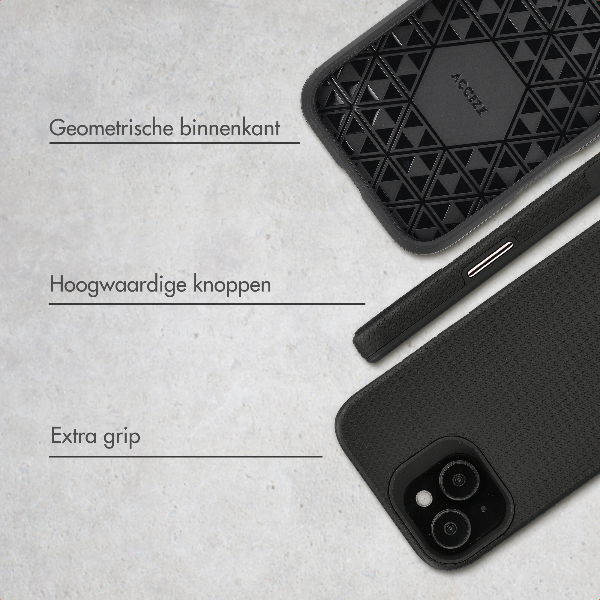 Black phone case with geometric pattern, buttons, and extra grip.