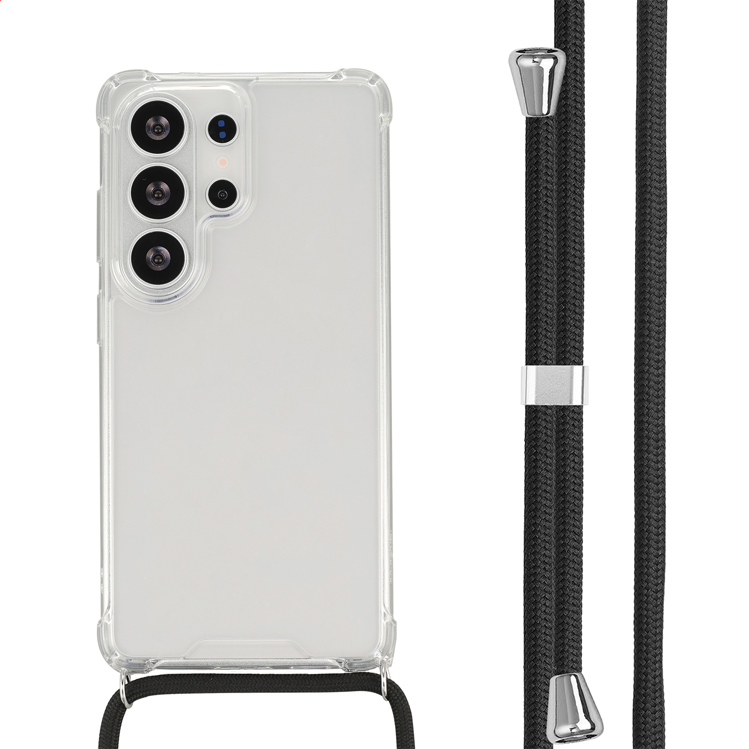Coque transparente avec cordon noir et accents argentés.