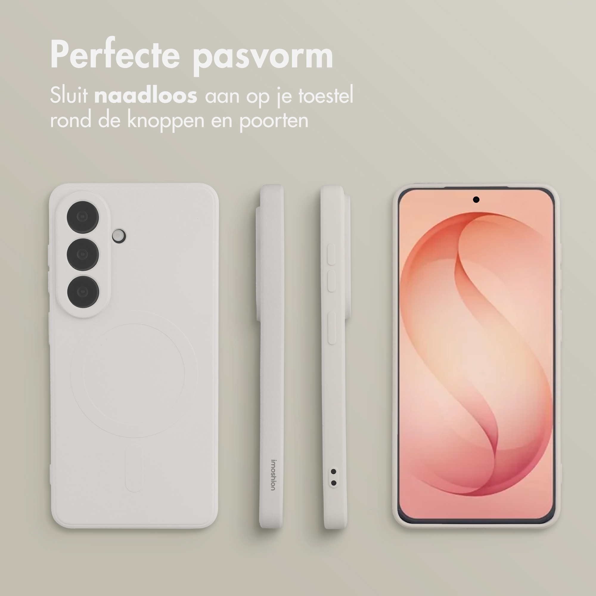 Coque de téléphone blanche vue de dos et de profil, avec écran en gros plan.