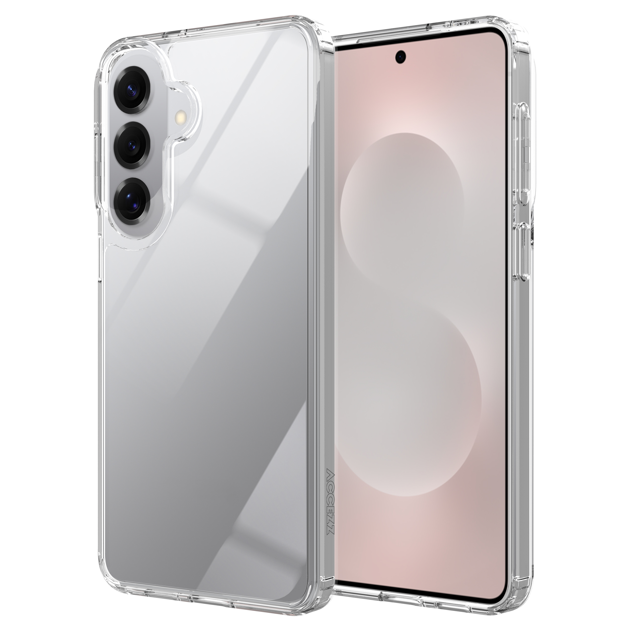 Doorzichtige telefoonhoes met drie cameralenzen aan de achterkant en een scherm.