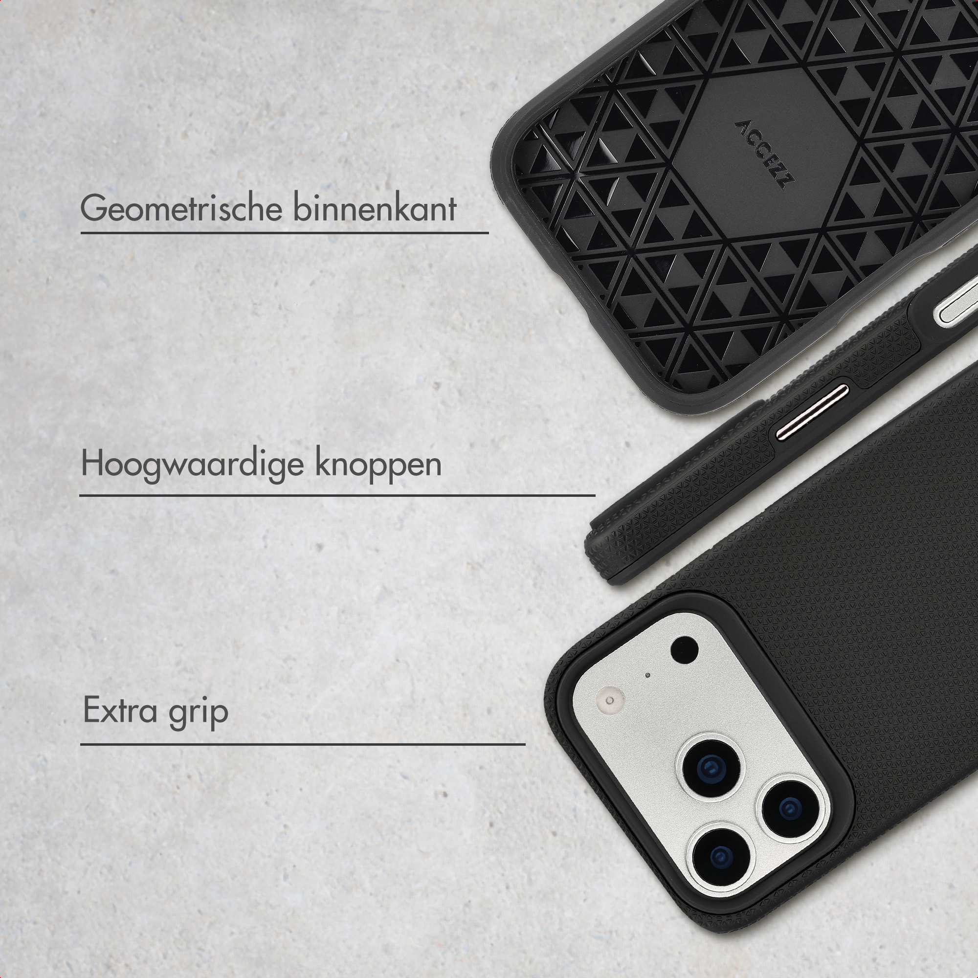 Custodia nera per telefono con motivo geometrico, scanalature e pulsanti.