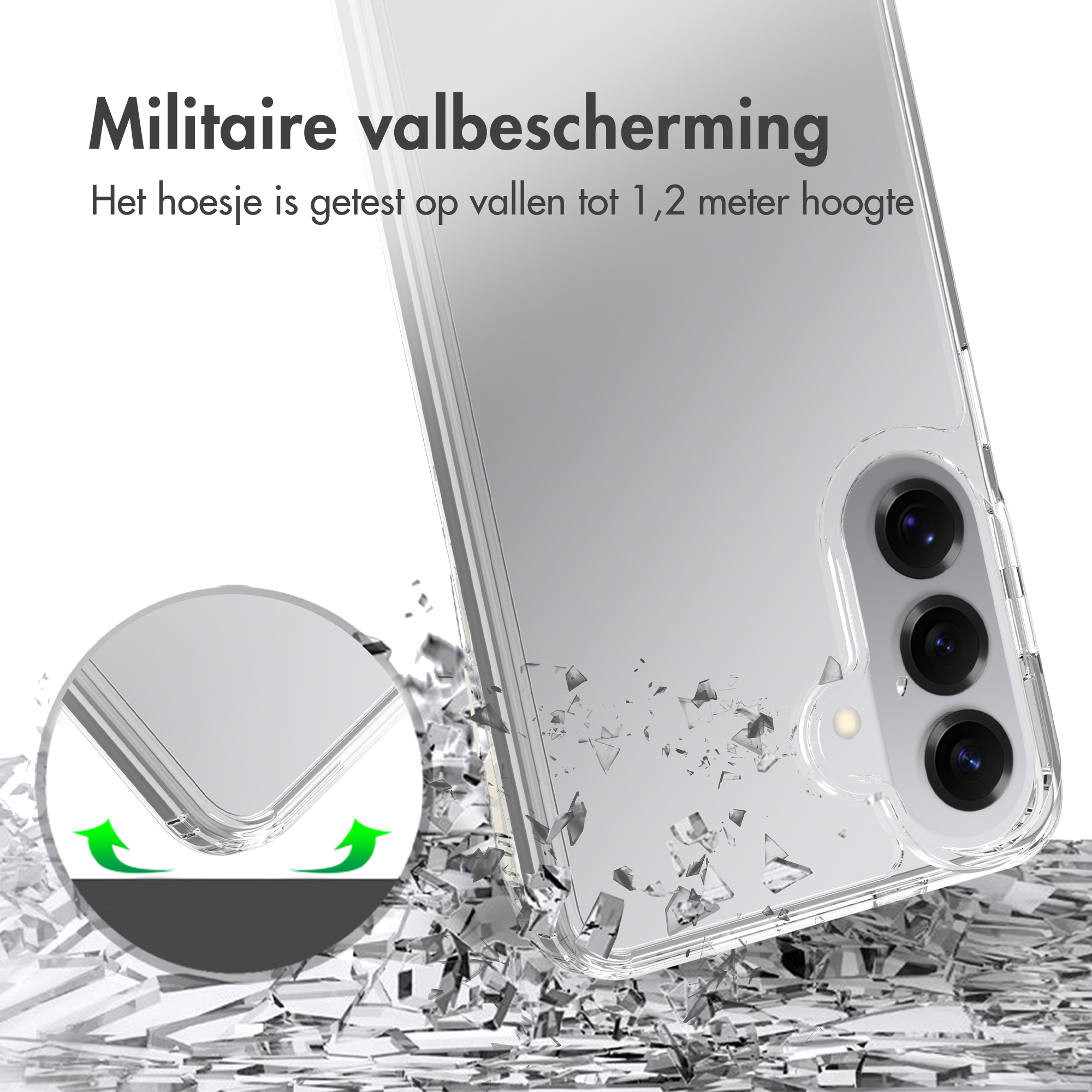Transparante telefoonhoes valt, met verbrijzelde stukken. Militaire valbescherming.