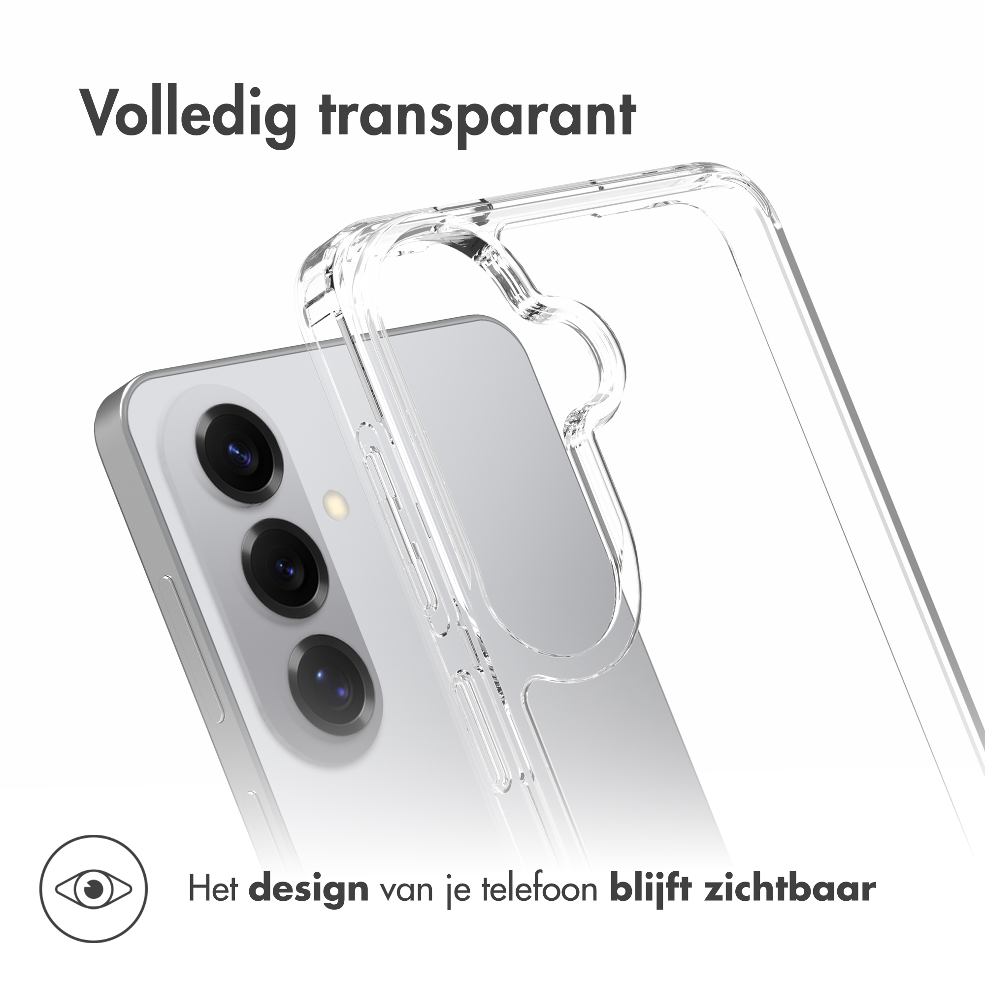 Transparante telefoonhoes over een smartphone met drie camera's.
