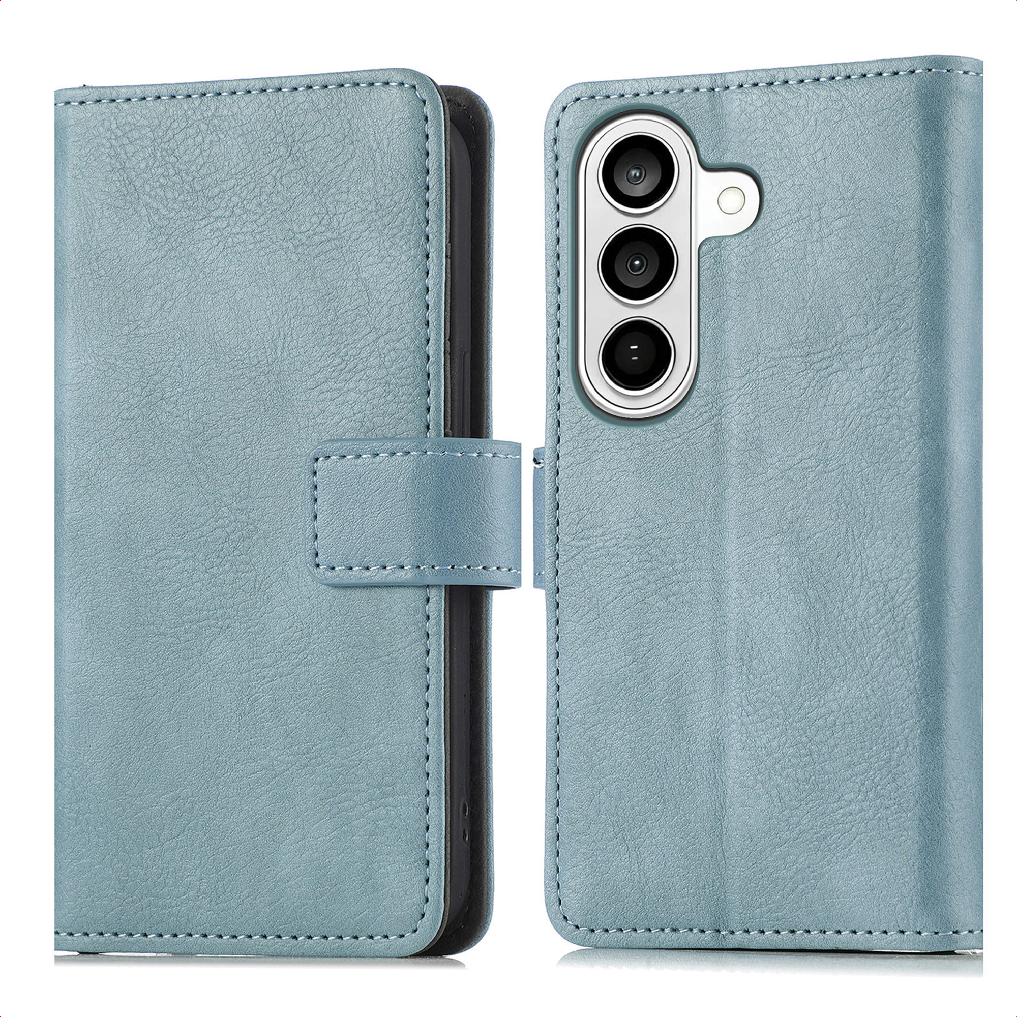 Blauw telefoonhoesje met camerasysteem en magnetische sluiting.