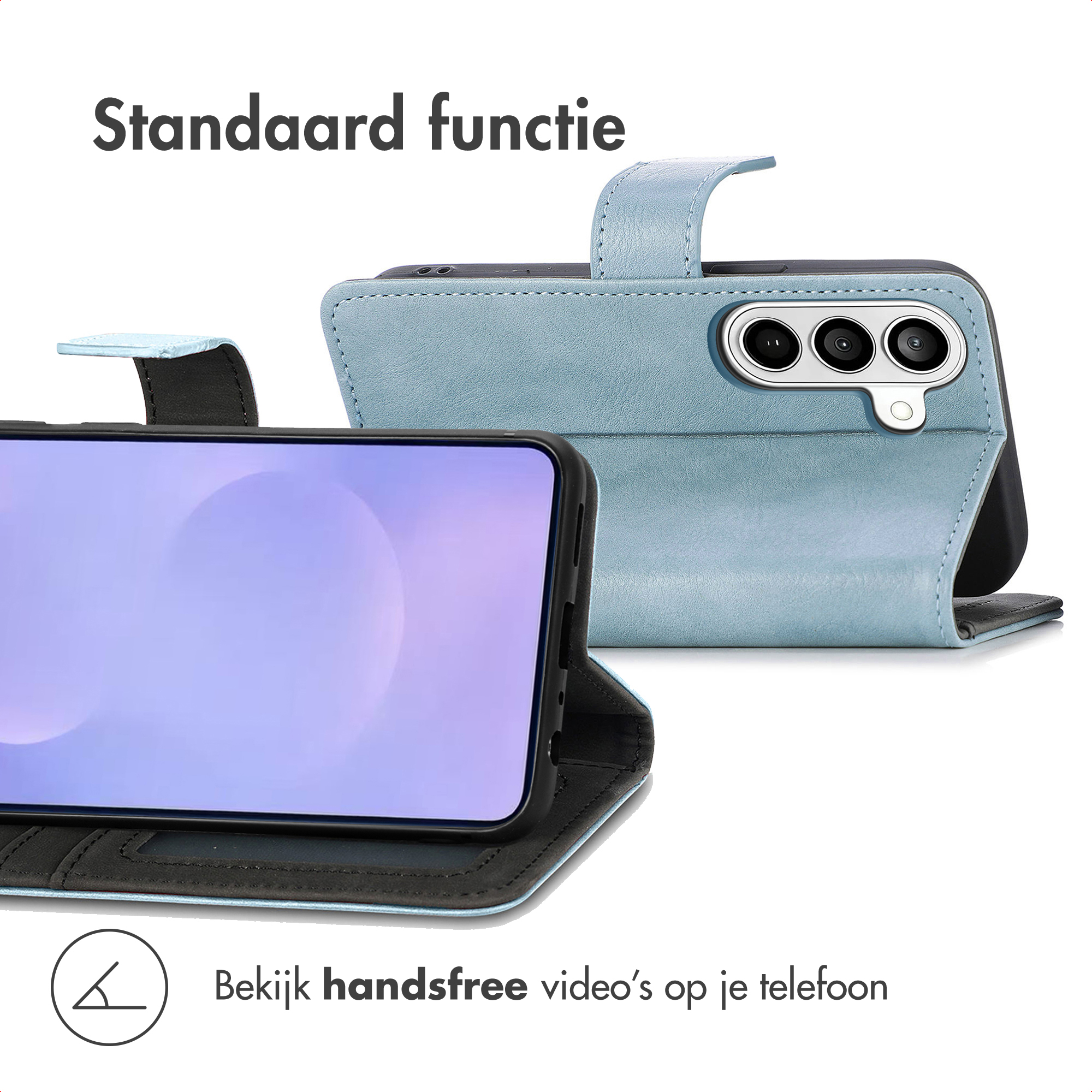 Een lichtblauwe flip telefoonhoes met camera's en een telefoon.