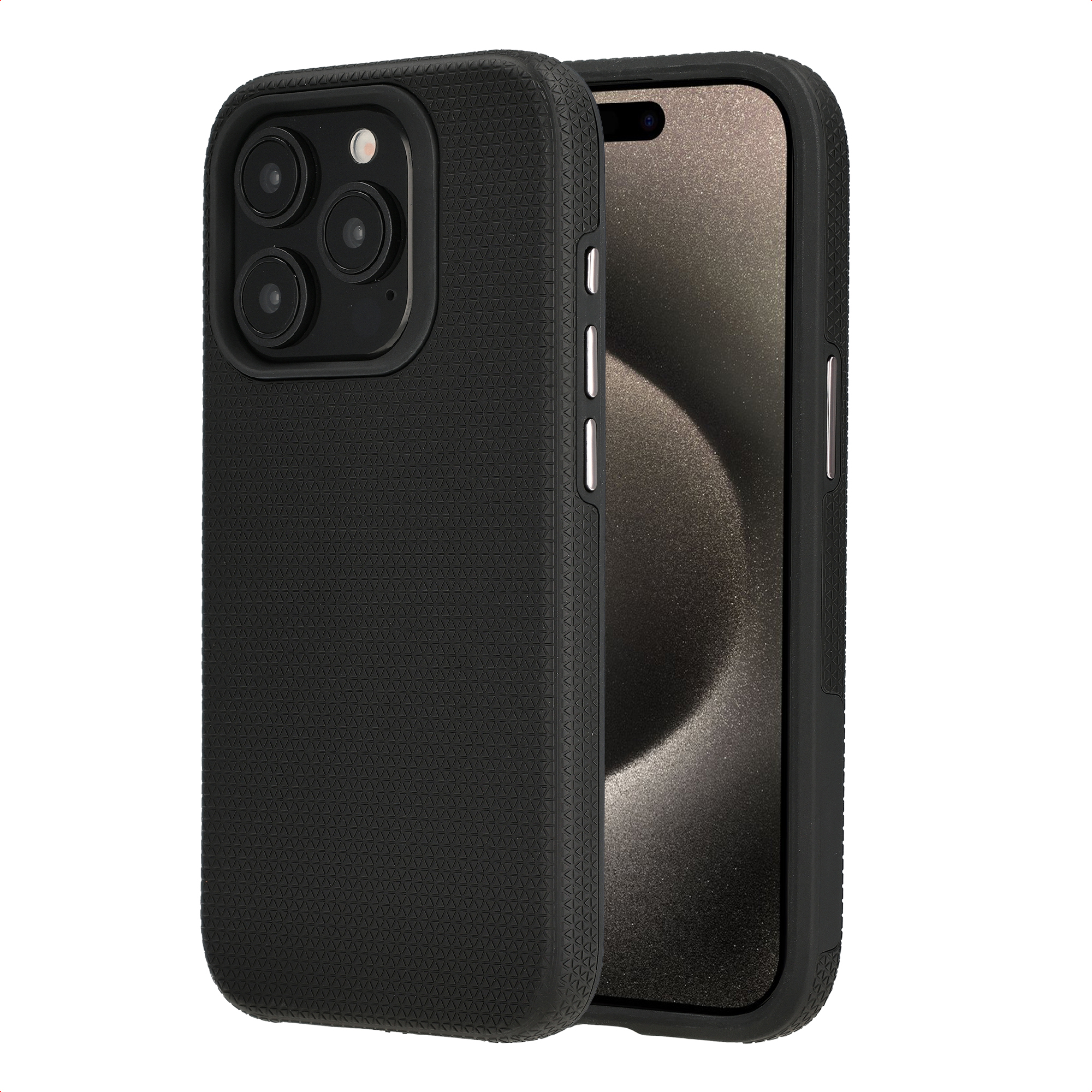 Zwarte telefoonhoes met driehoekspatroon en drie cameralenzen.