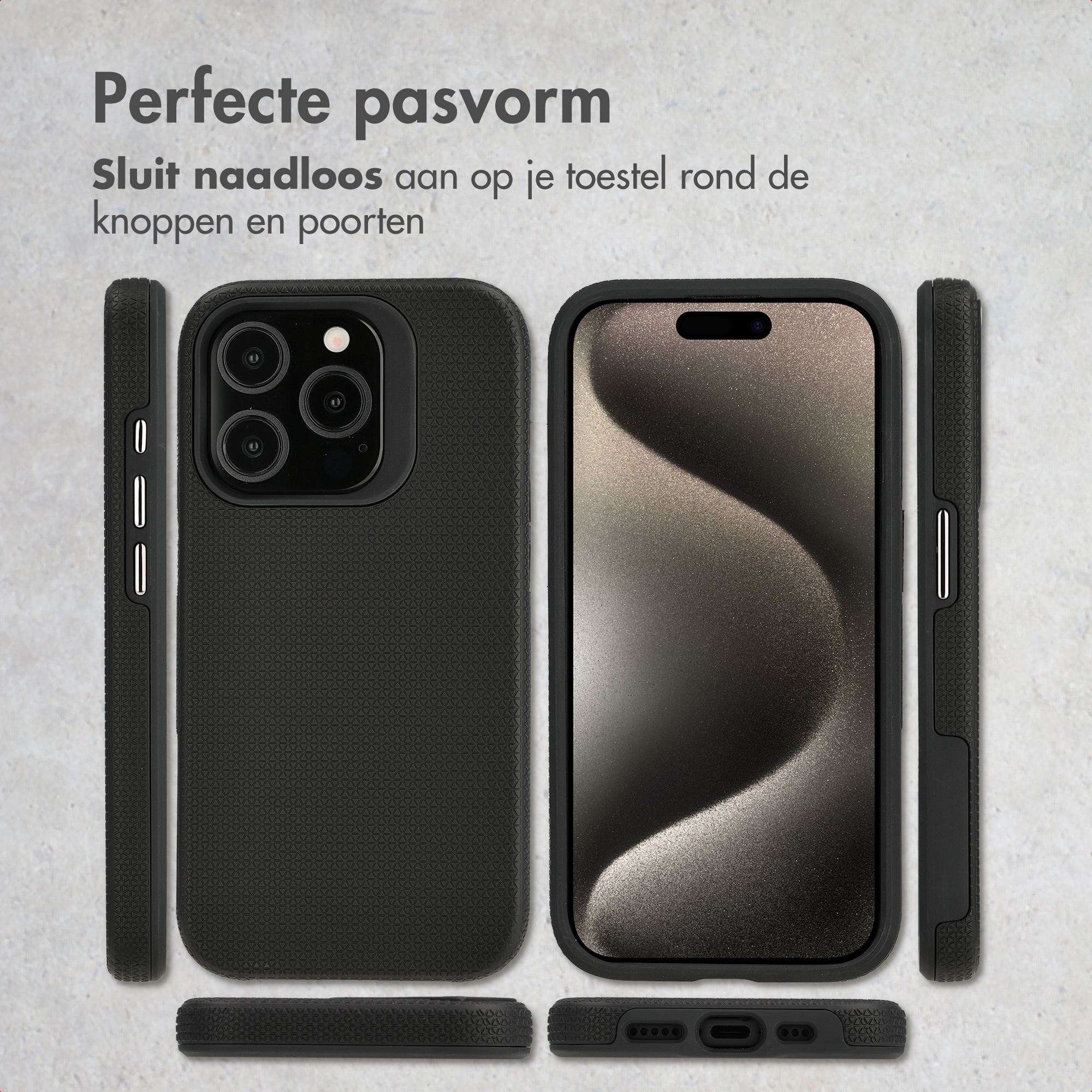 Zwarte telefoonhoes met camera-uitsparing en scherm, zijaanzichten.