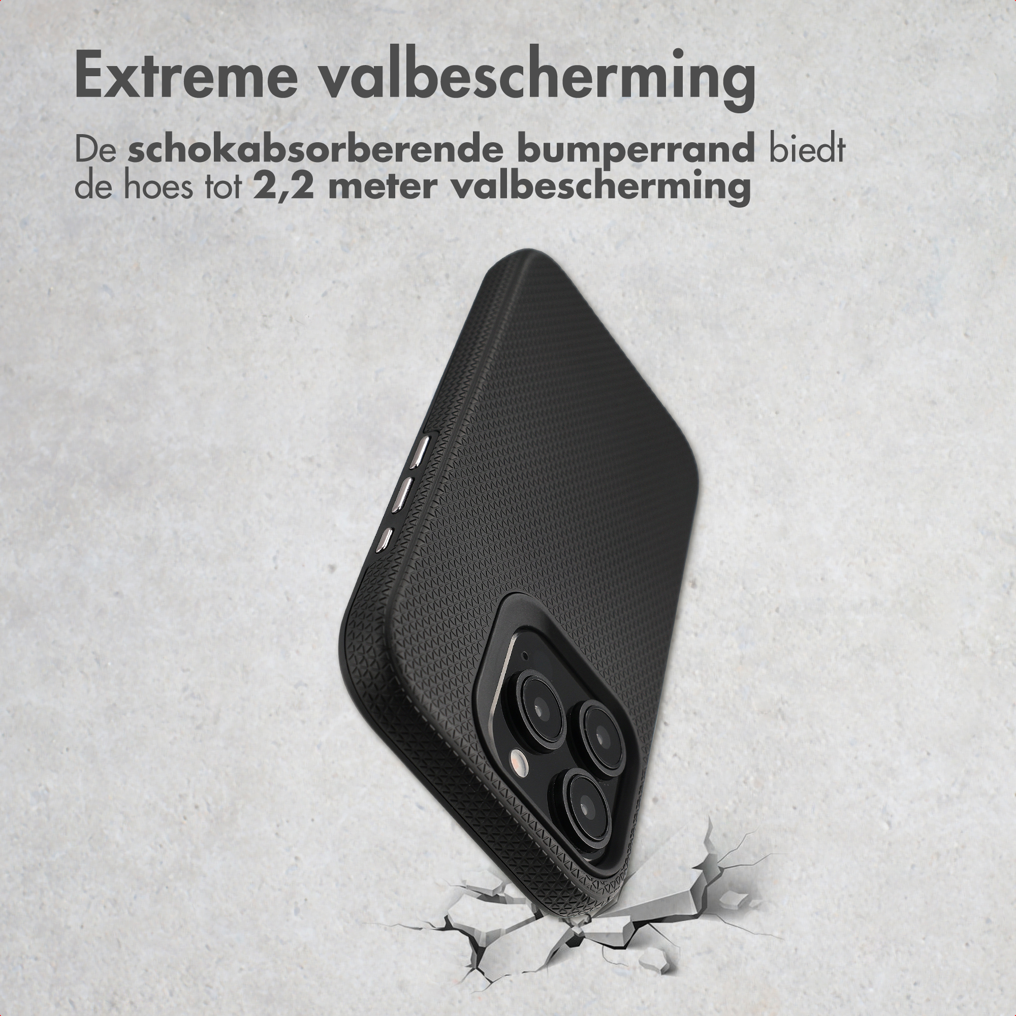 Zwarte telefoonhoes valt, waardoor scheuren in de grond ontstaan.