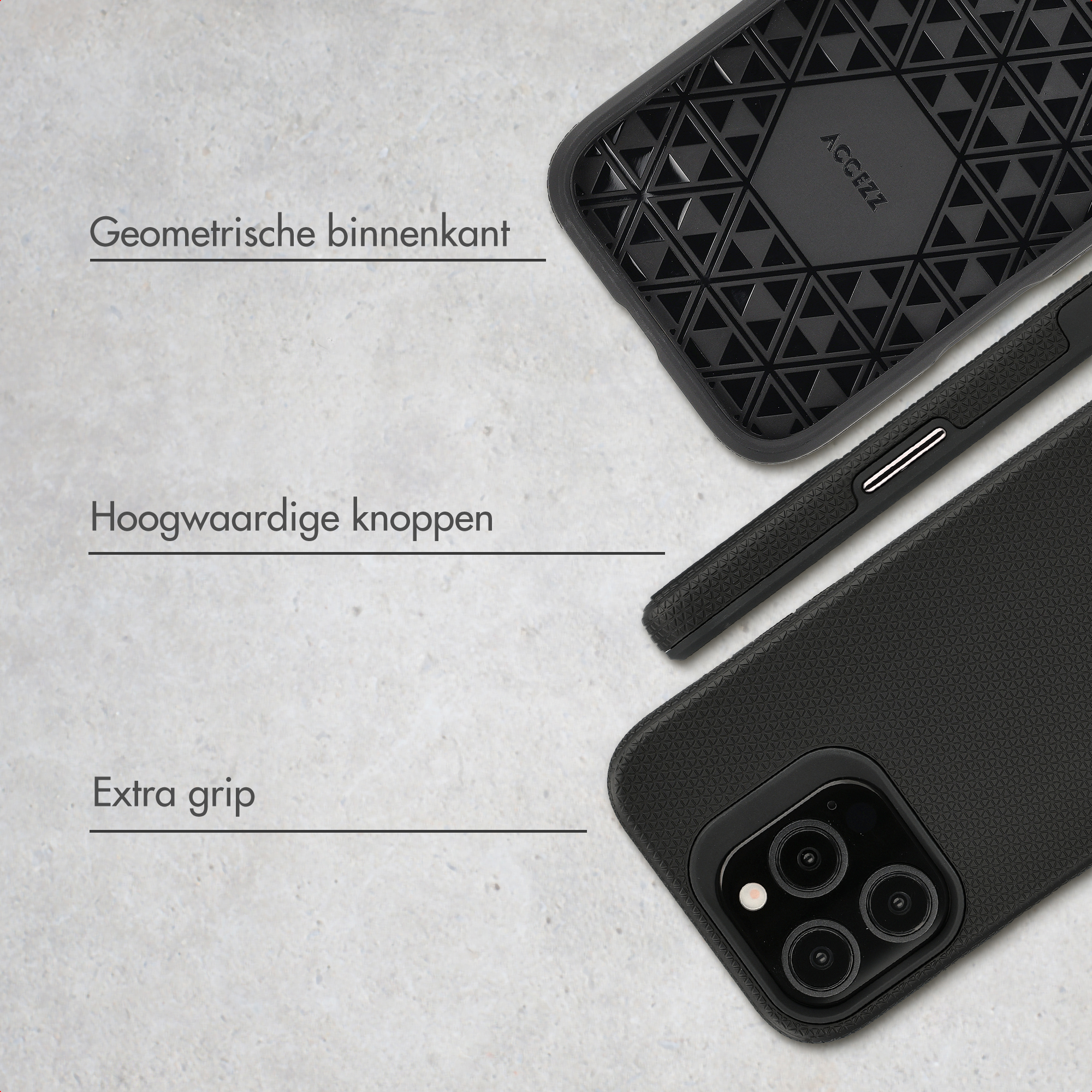 Zwart telefoonhoesje met geometrische binnenzijde, kwaliteitsknoppen en textuur grip.