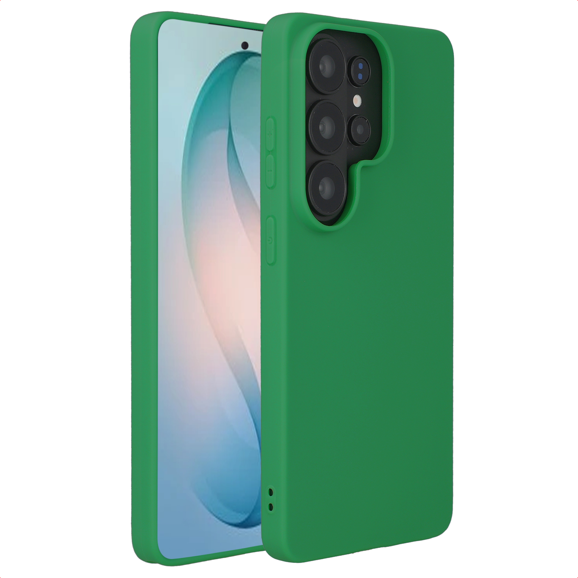Groene telefoonhoes met cameramodule en scherm.