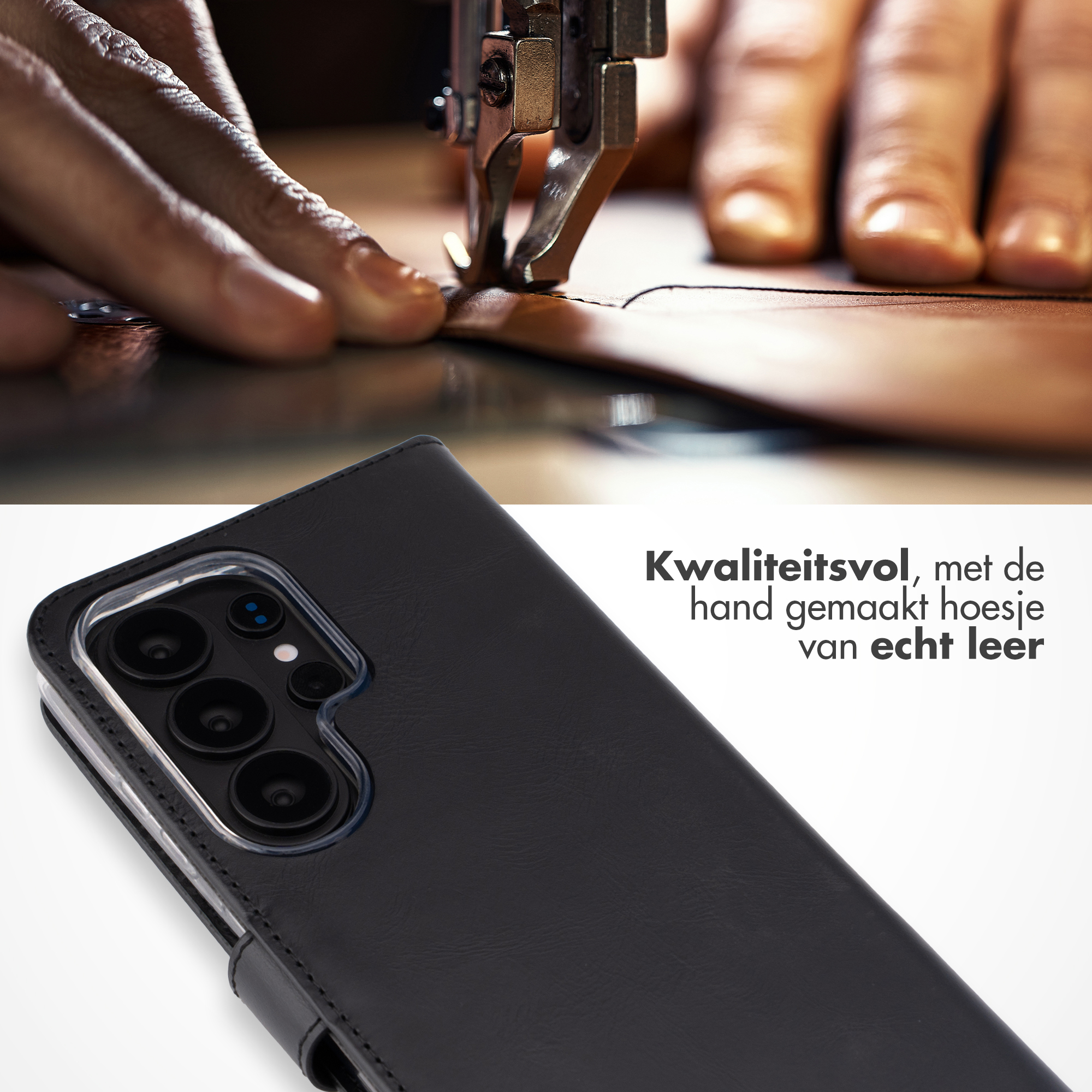 Handen naaien leer met naaimachine; zwarte telefoonhoes met camera op voorgrond.