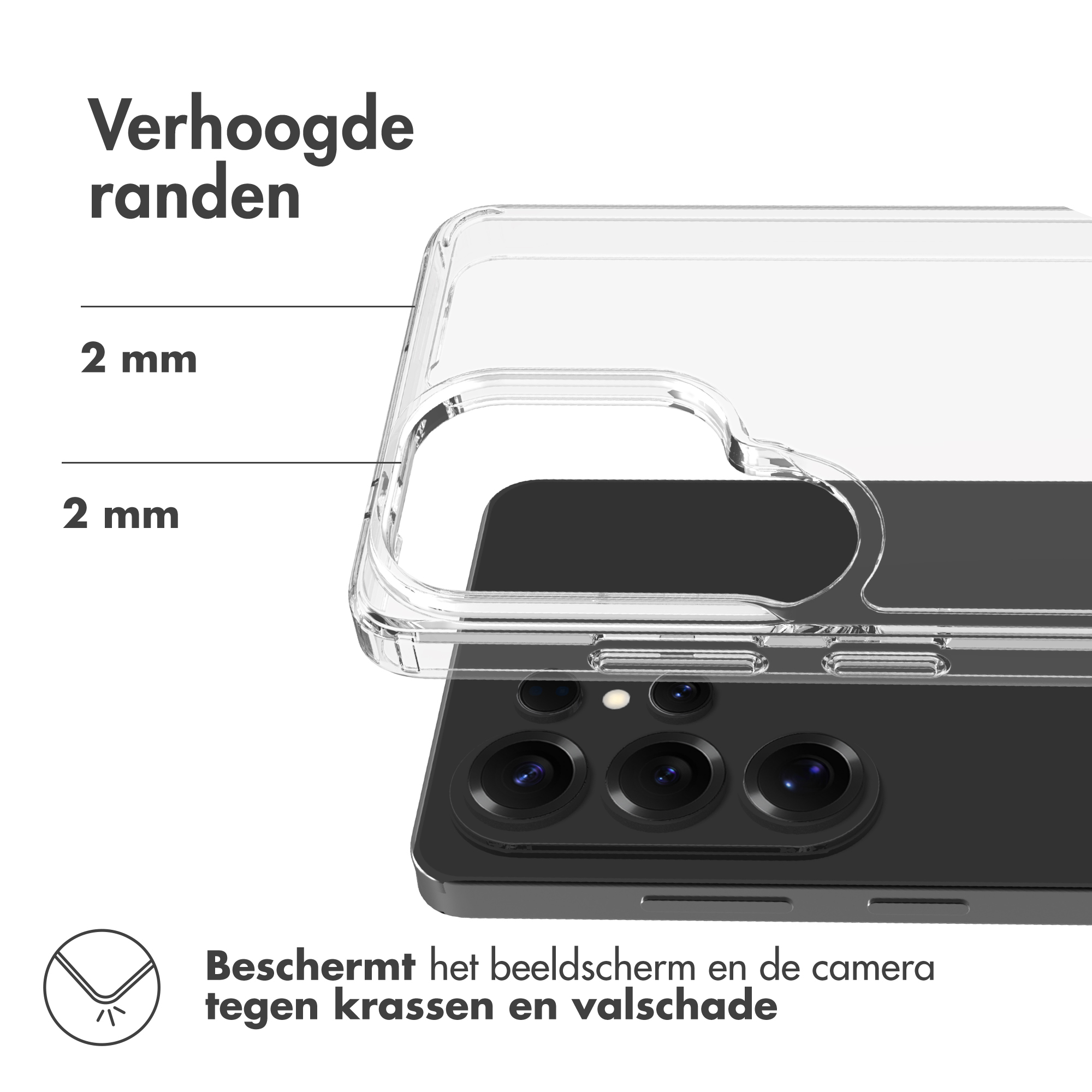 Custodia trasparente con bordi rialzati di 2 mm per proteggere schermo e fotocamera.
