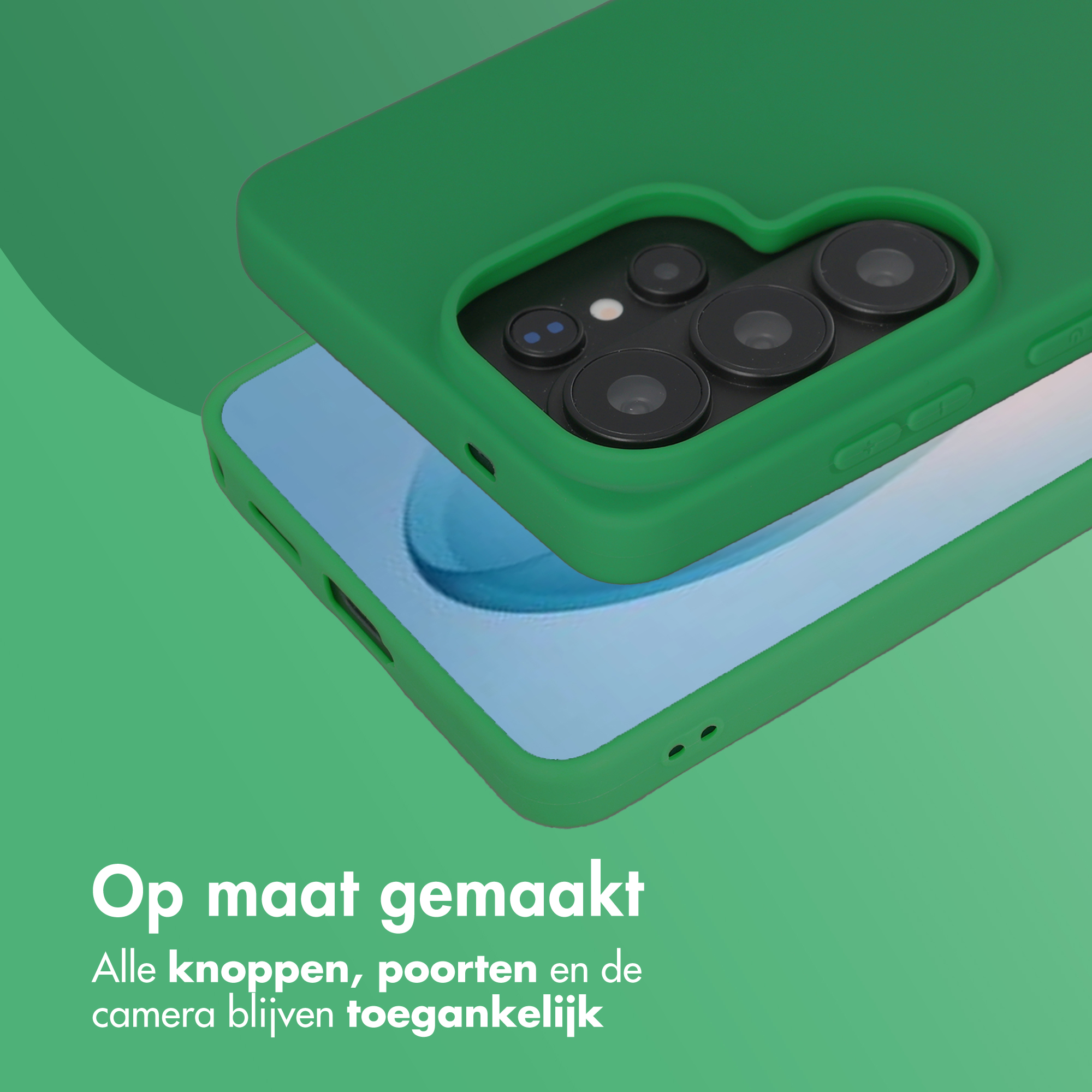 Groene telefoonhoes over smartphone met camera's. Tekst in het Nederlands.