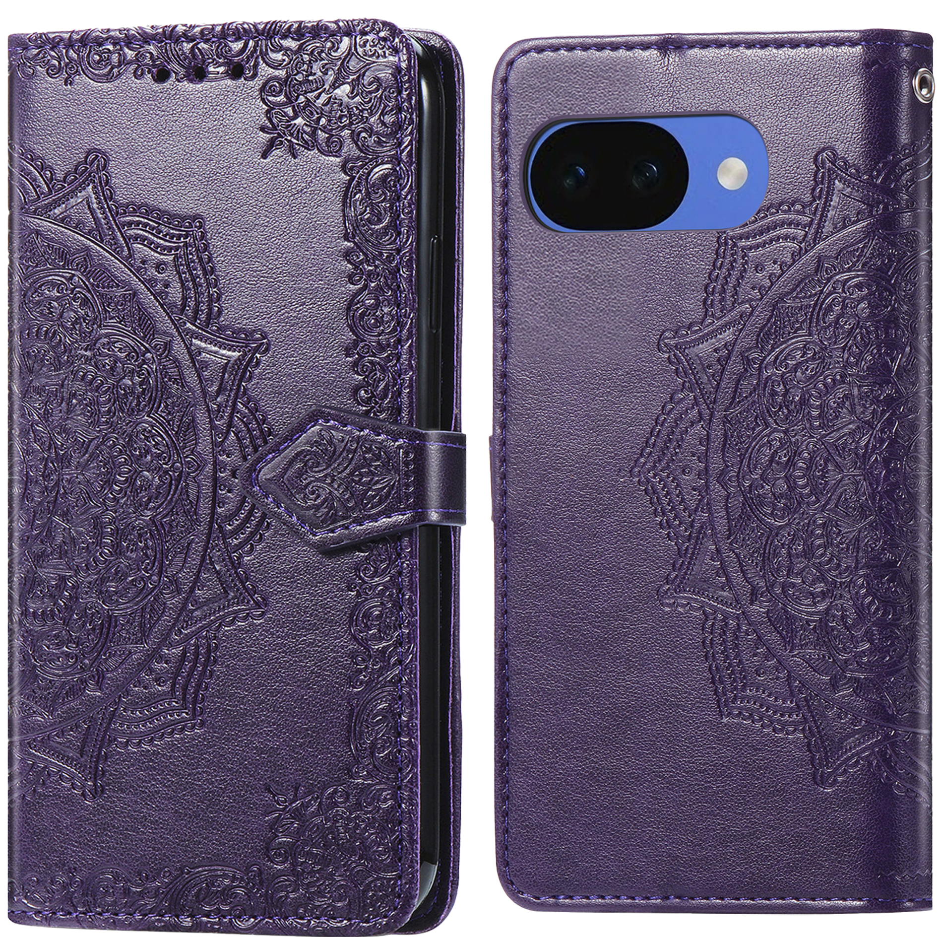 Paarse flip telefoonhoes met reliëf mandala patroon.