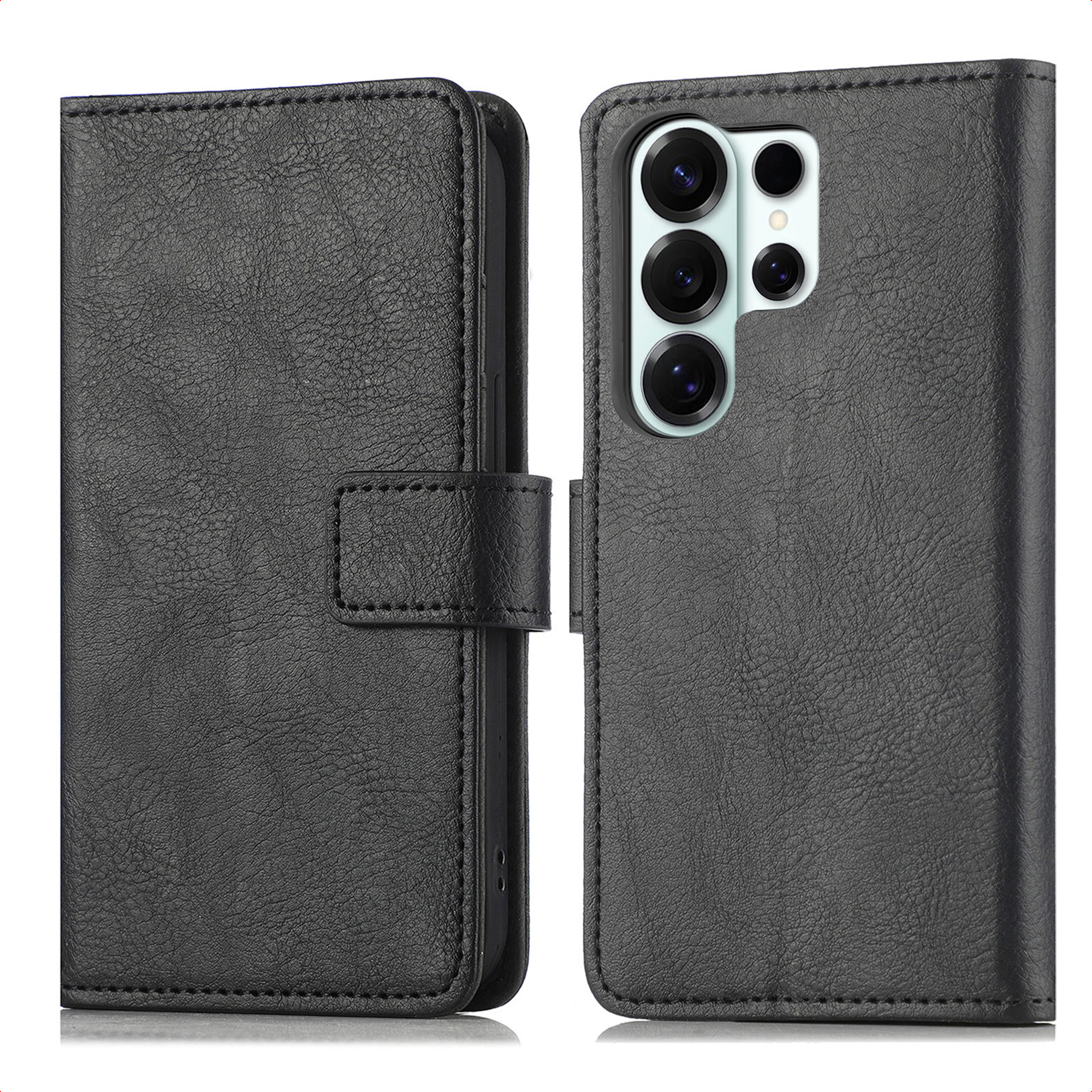 Étui de téléphone à rabat en cuir noir avec découpe caméra, vues avant et arrière.