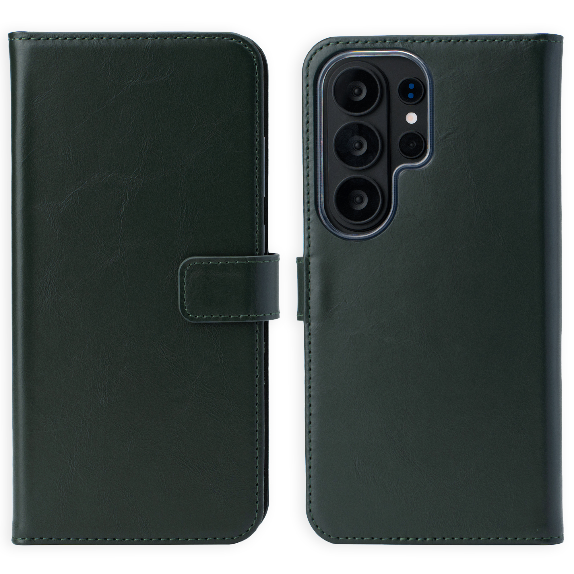 Donkergroene flip telefoonhoes met camera-uitsparing en sluitband.