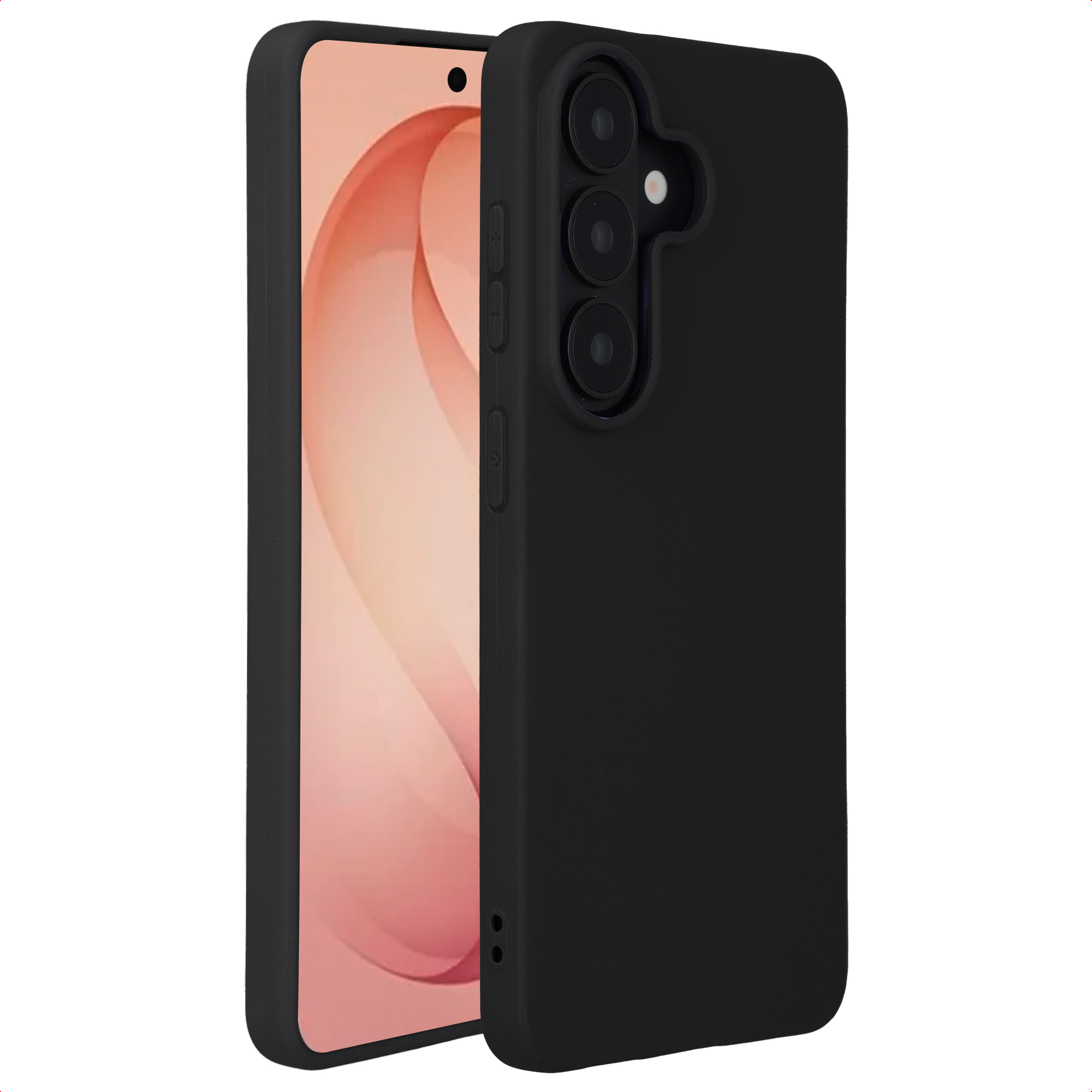 Zwarte telefoon met drie camera's en een rode rand op het scherm.