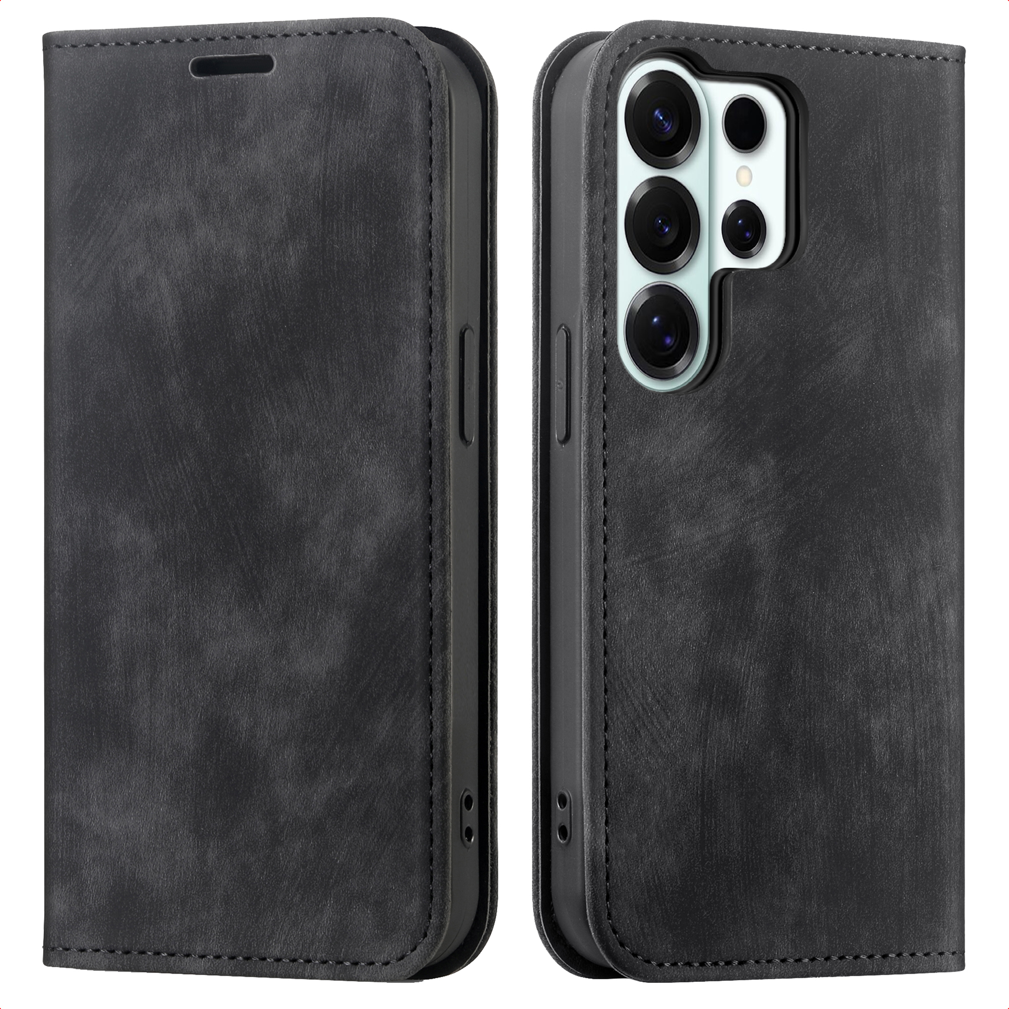 Zwarte leren flip telefoonhoes met camerauitsparing en stiksels.