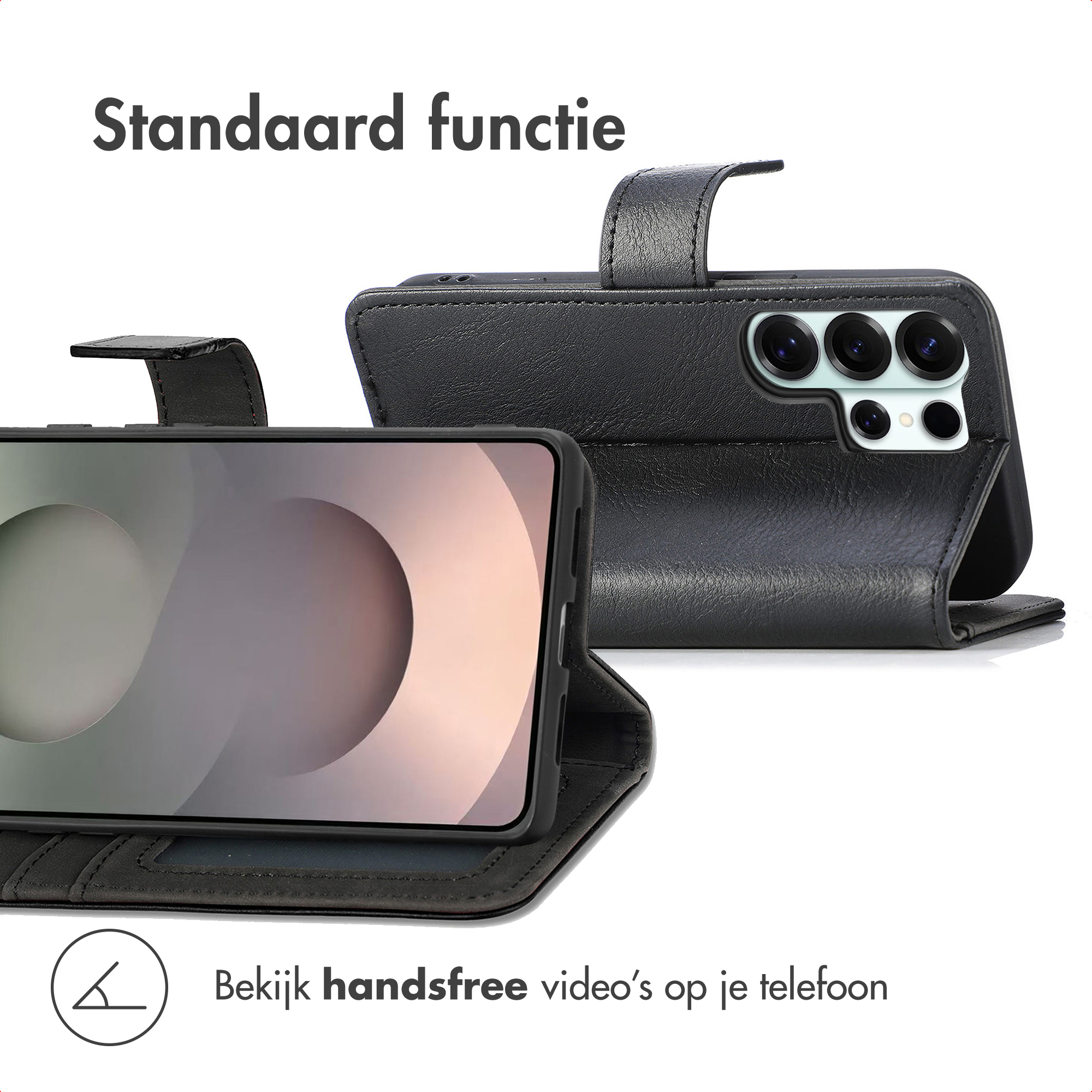 Étui de téléphone en cuir noir avec téléphone sur pied pour regarder des vidéos mains libres.