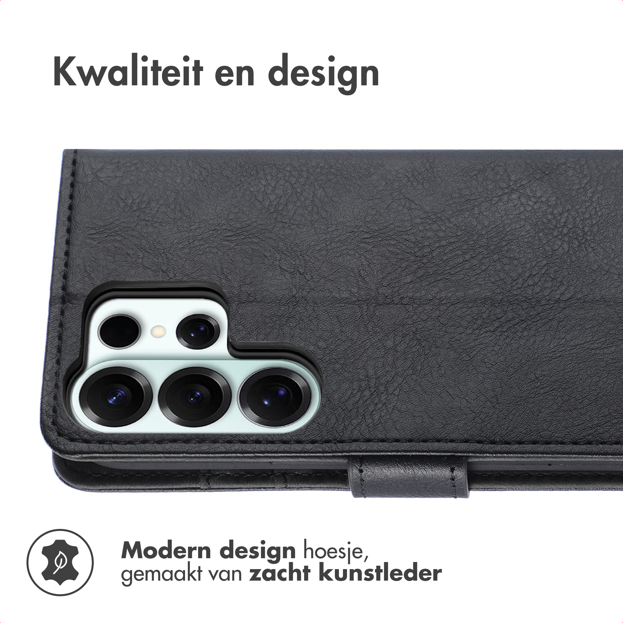 Étui de téléphone en similicuir noir avec découpe caméra et icône feuille.