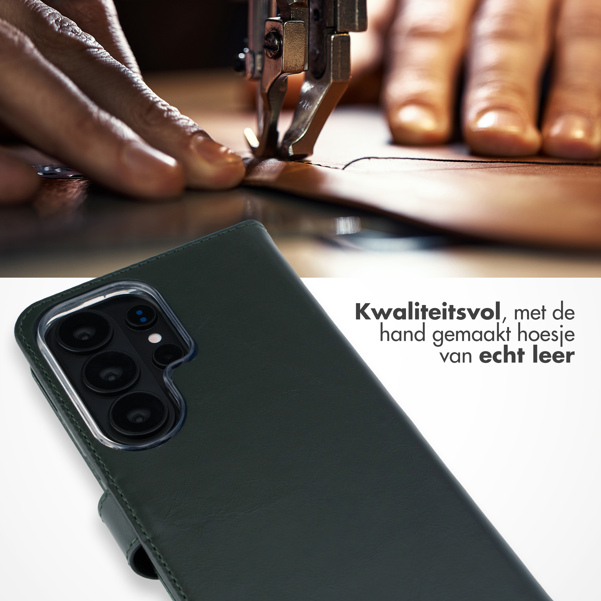 Close-up: Handen naaien leer met machine; donkere leren telefoonhoes.