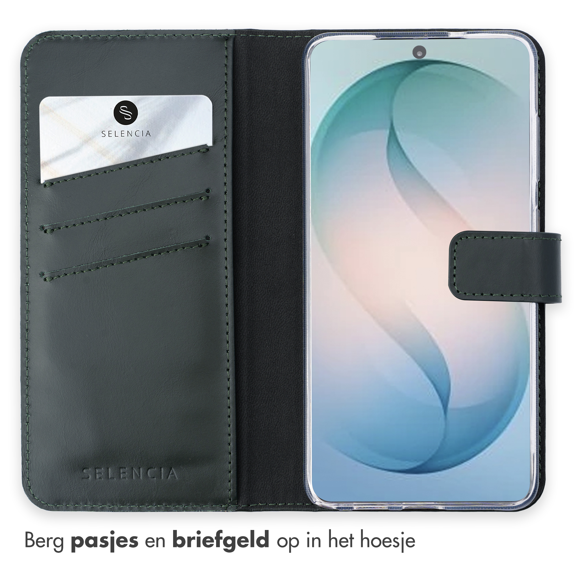 Donkergroene telefoonhoes met kaartsleuven en magnetische sluiting.