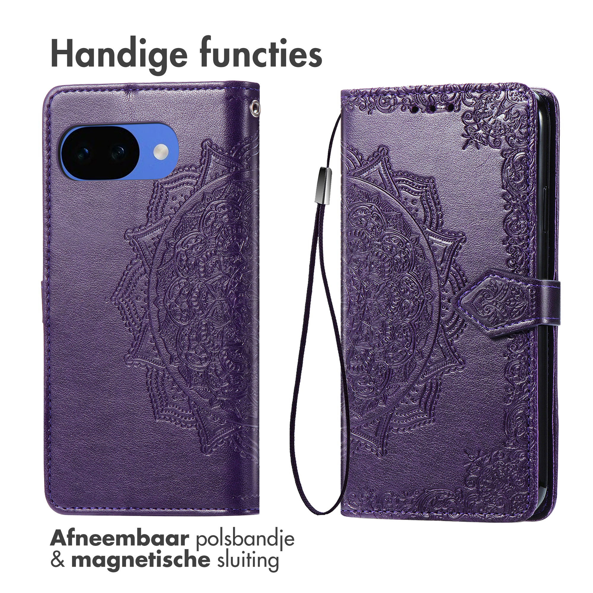 Paarse telefoonhoes met reliëf mandala en afneembaar bandje.