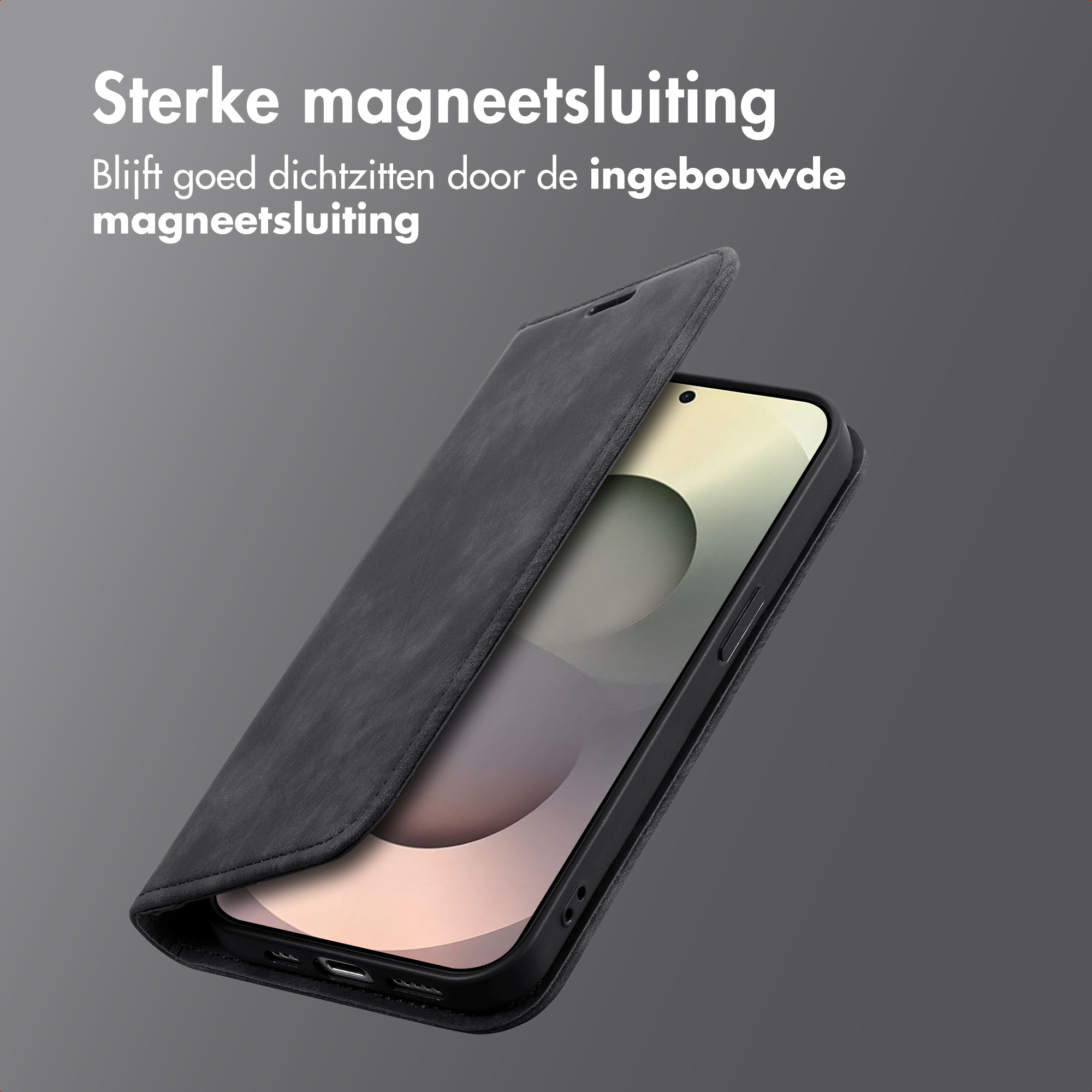 Een zwart telefoonhoesje met magnetische sluiting, half open.