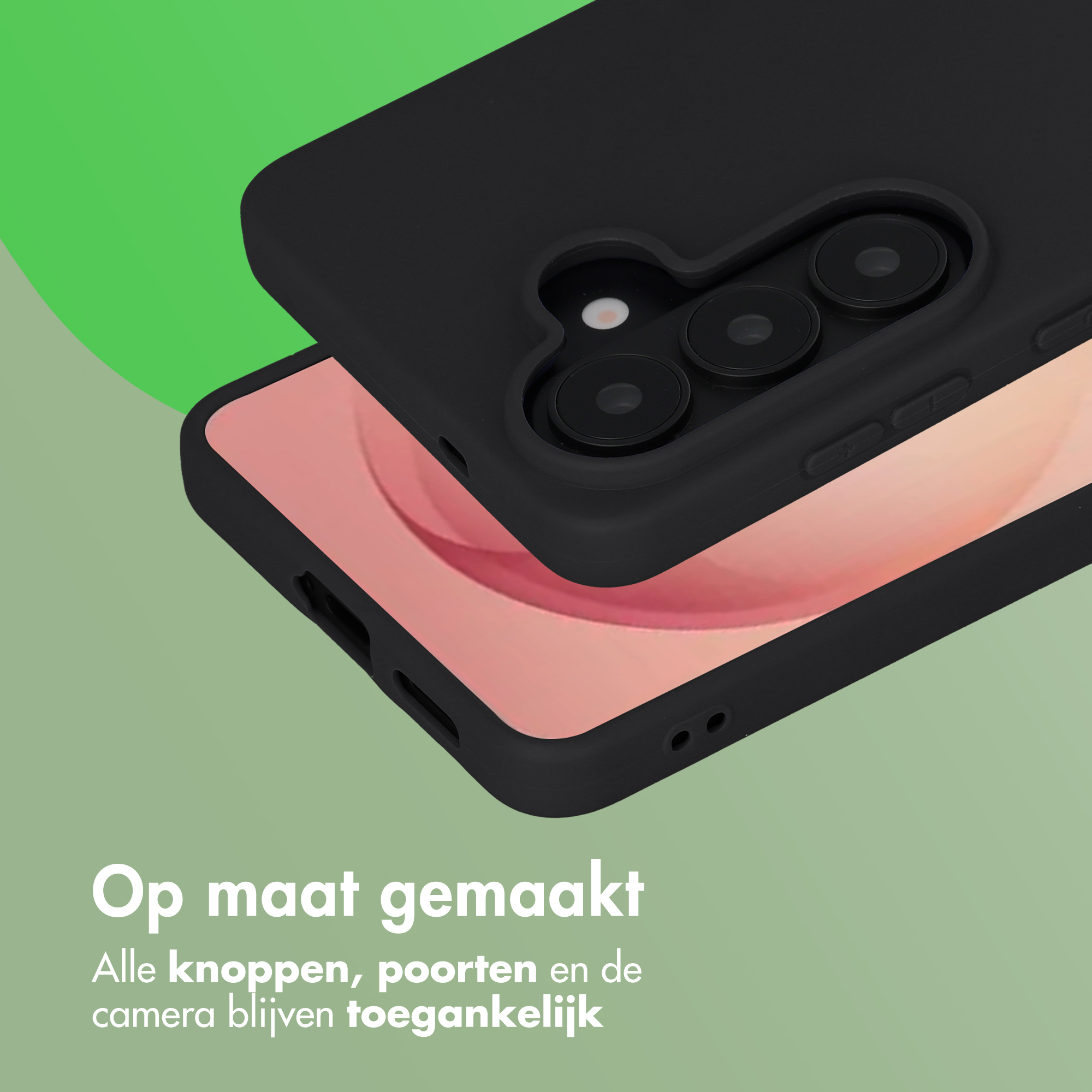 Zwarte telefoonhoes over smartphone met roze scherm op groene achtergrond.