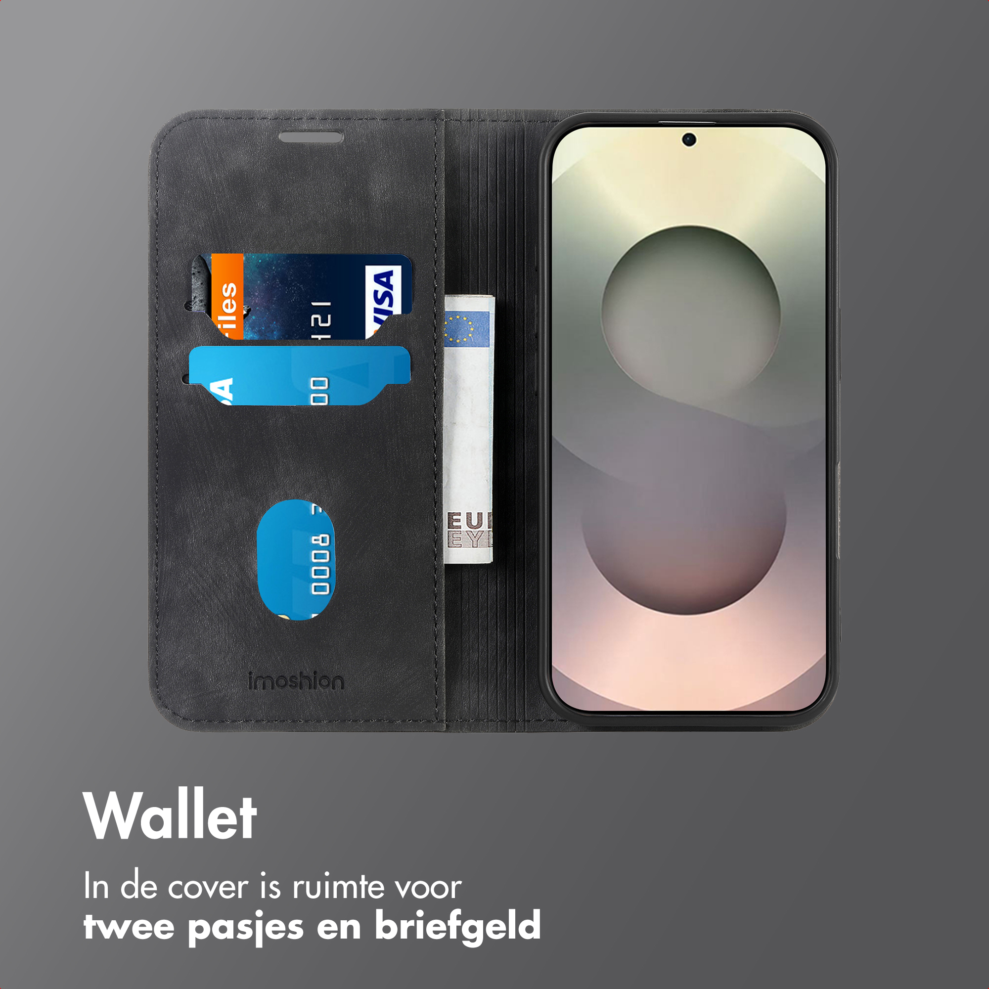 Zwarte telefoonportemonnee met kaartsleuven en vak voor bankbiljetten. Een telefoon is geplaatst.