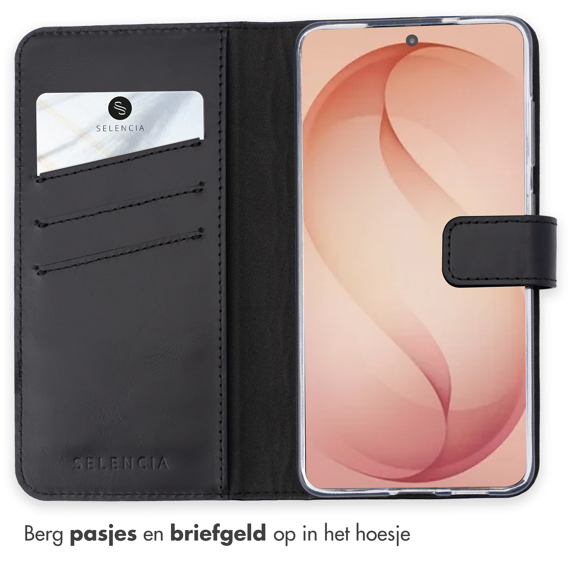 Zwart leren flipcase met smartphone en kaarthouders.