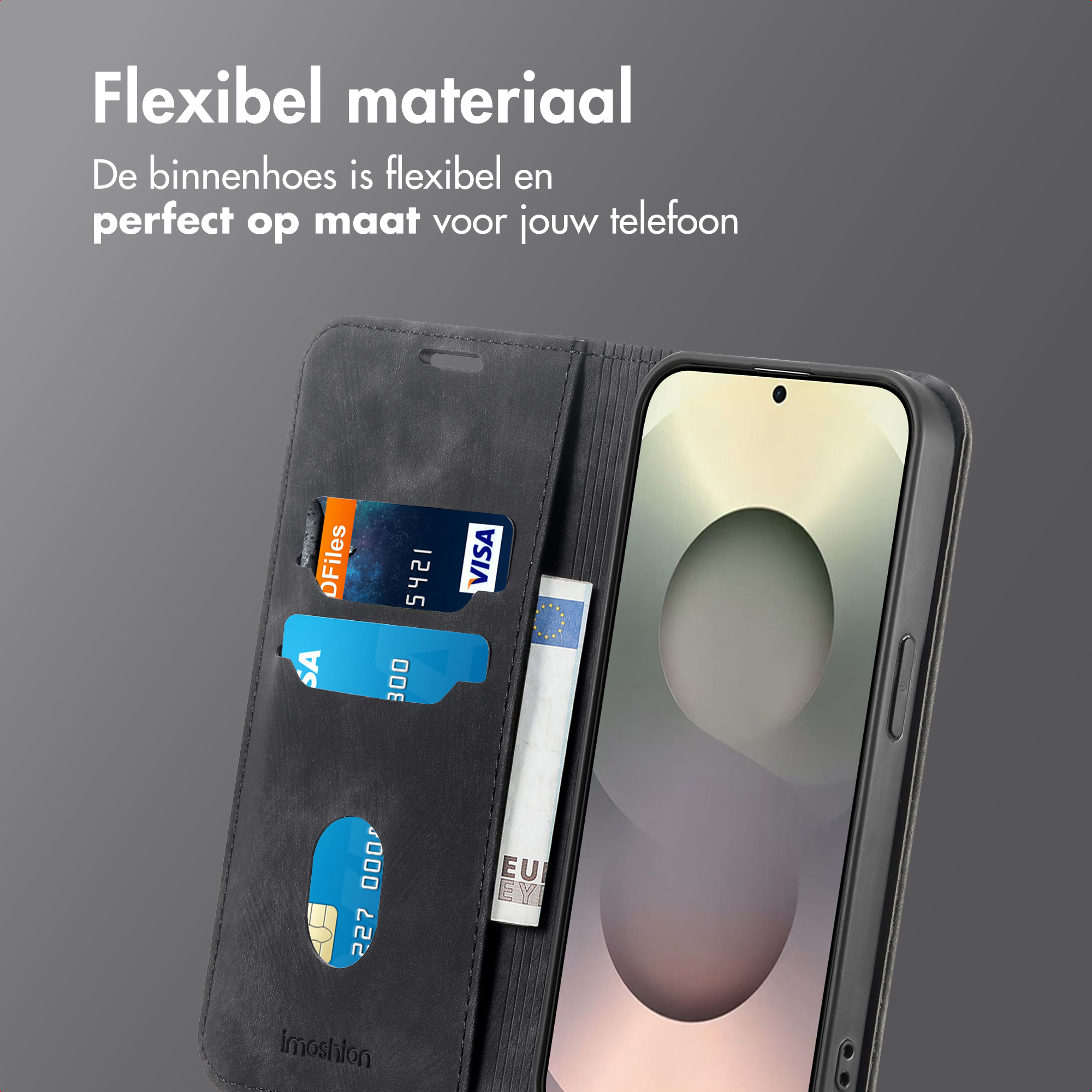 Zwarte telefoonhoes met kaartsleuven en een bankbiljet. Close-up.