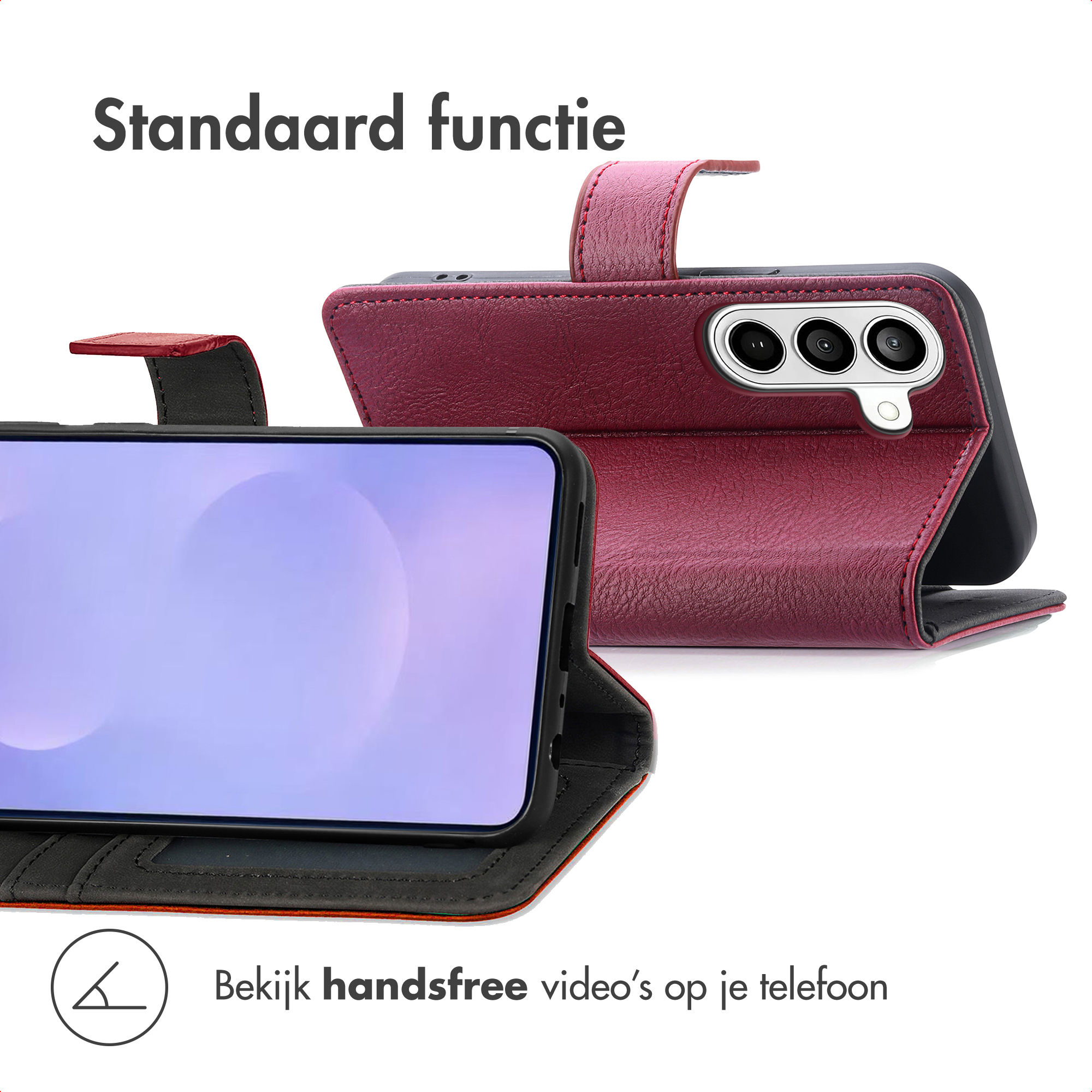 Red phone case with stand function and three camera lenses.