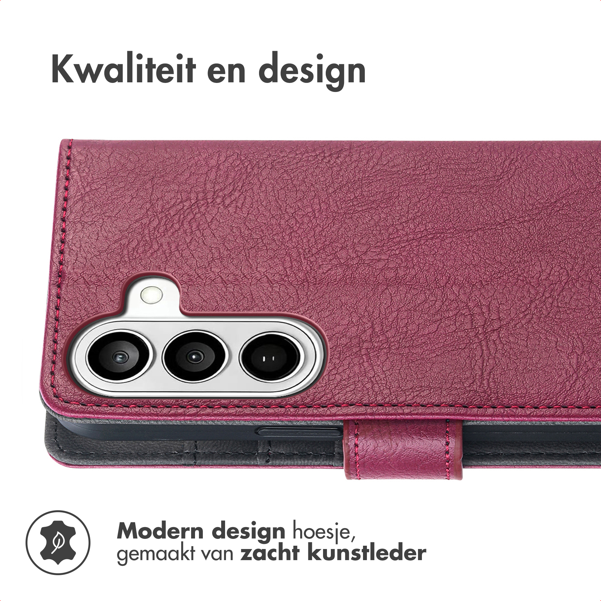 Purple faux leather phone case with camera cutout and text.