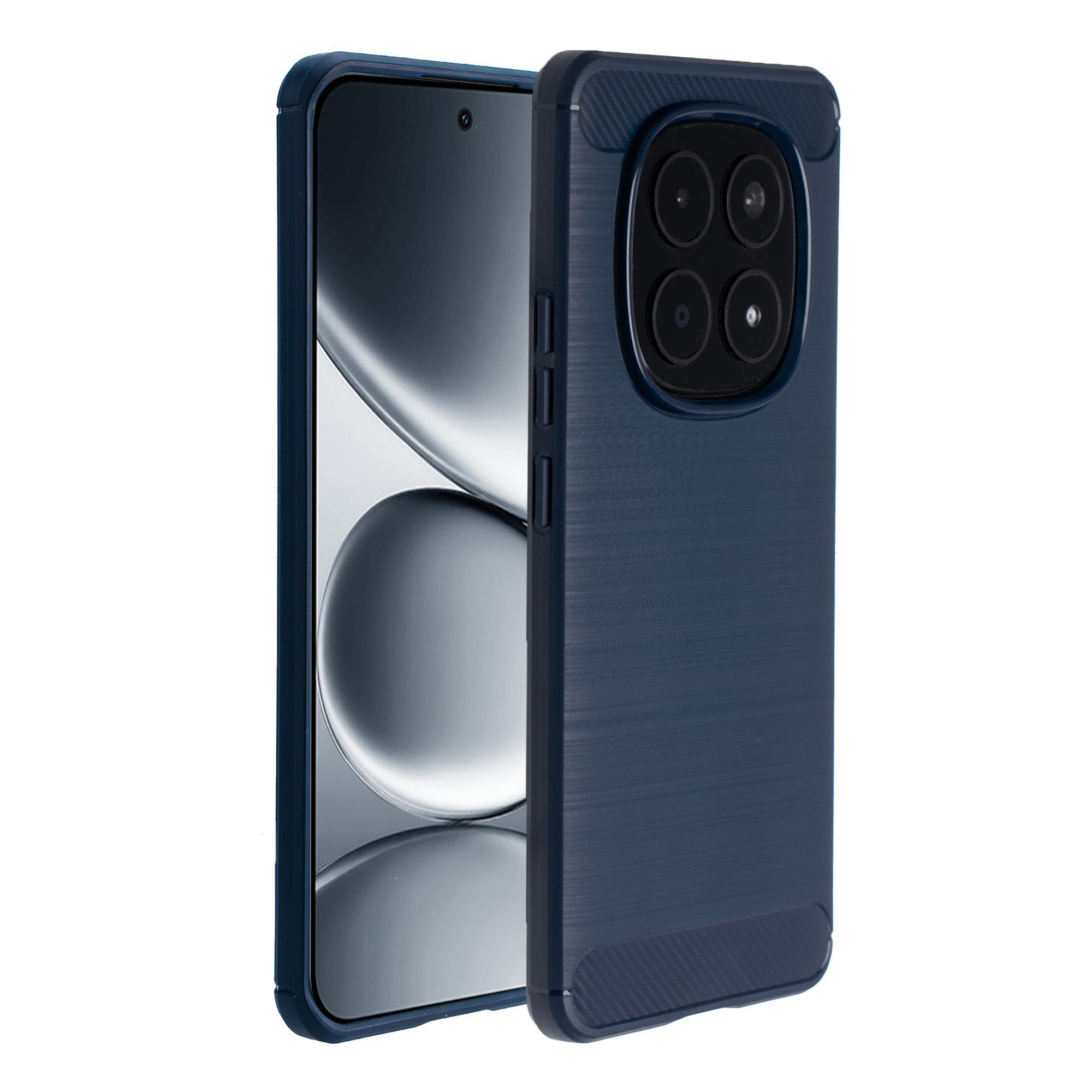 Telefono blu scuro con cover effetto carbonio, quadrupla fotocamera.