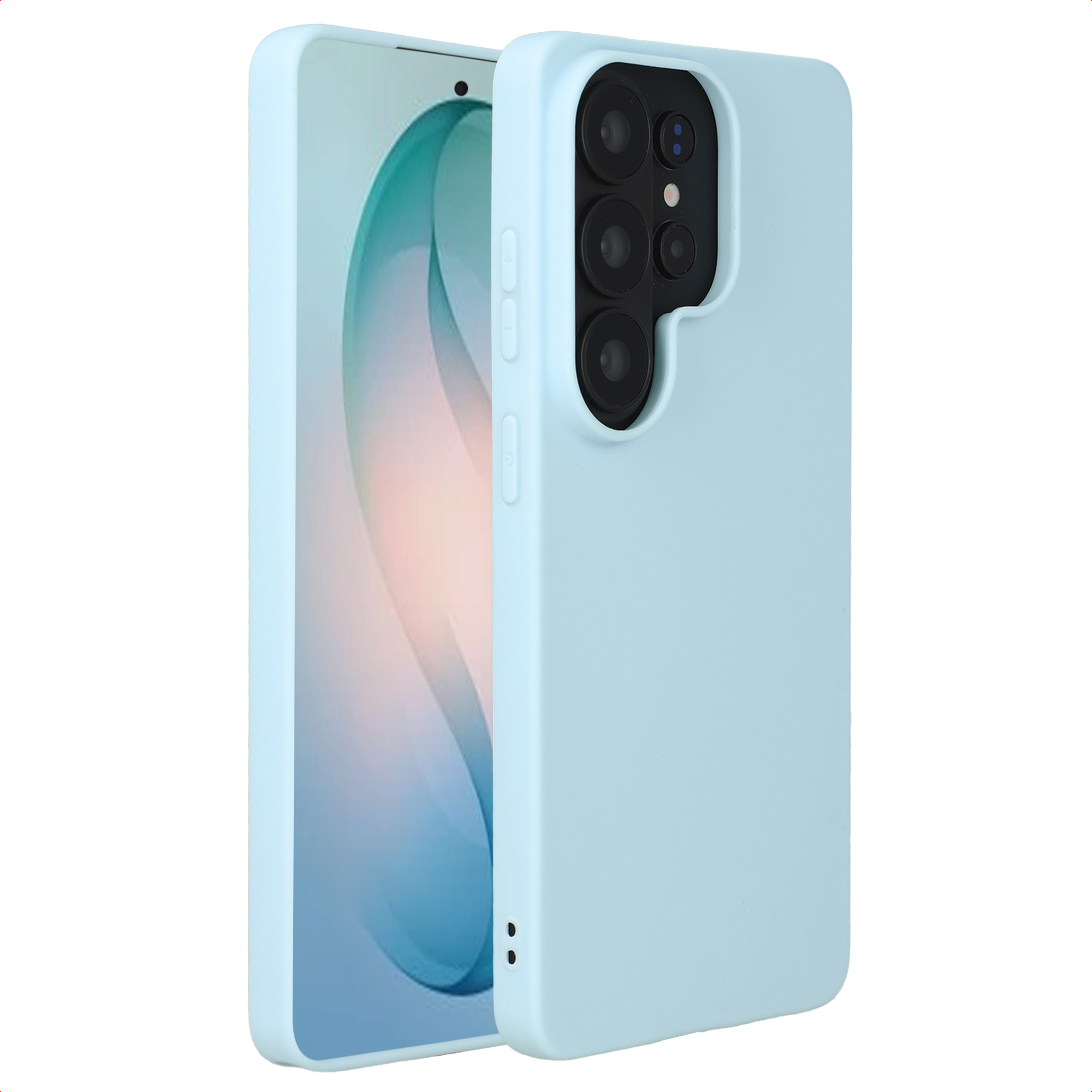Een lichtblauwe telefoon met camera-unit achteraan, in een beschermhoes.
