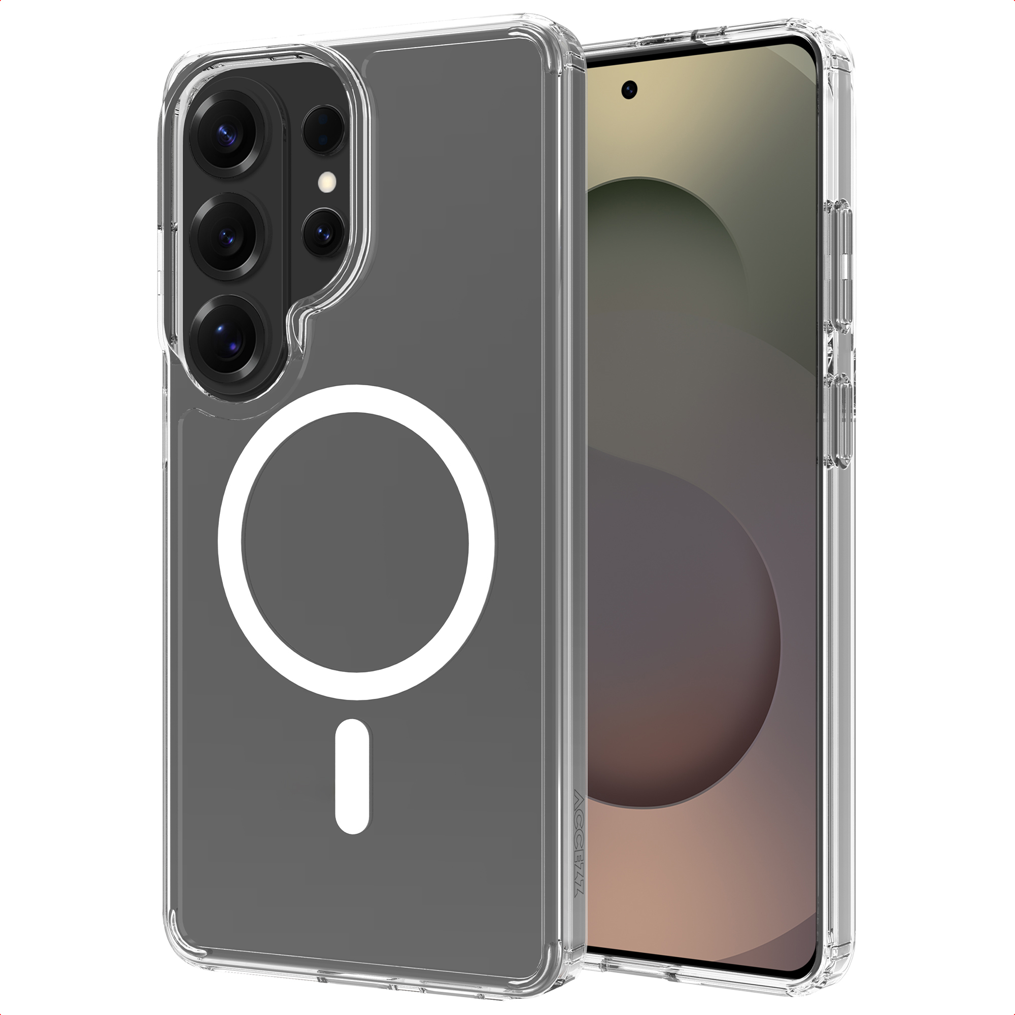 Een doorzichtige telefoonhoes met MagSafe-ring en camera-uitsparing.