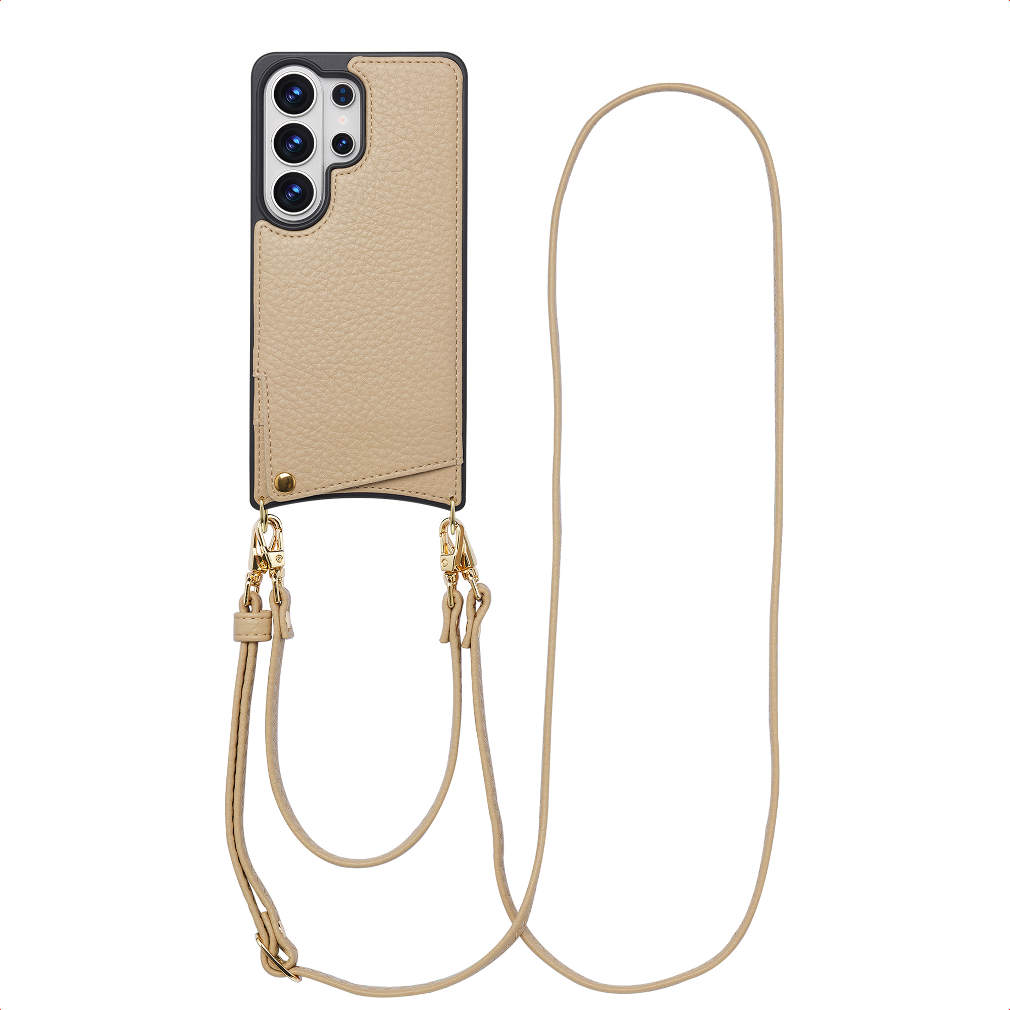 Beige lederen telefoonhoes met riempje en camera-uitsparing op witte achtergrond.