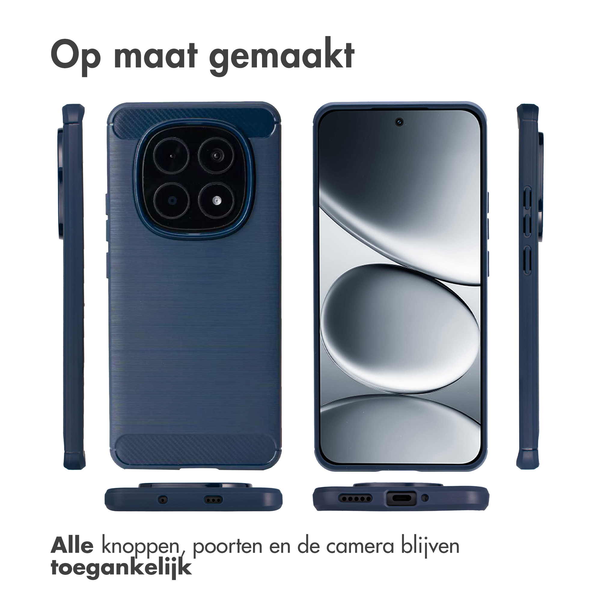 Tre viste di una custodia blu per telefono con un telefono all'interno. Viste dall'alto e dal basso.
